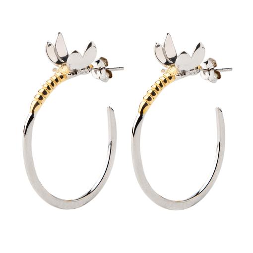 Discover the Wildlife Dragonfly Hoop Earrings by Gallardo & Blaine Designs, available in silver or gold. These hoops feature a delicate dragonfly motif at the top, with intricate wings and detailed gold vermeil bodies, offering a smooth and shiny finish f