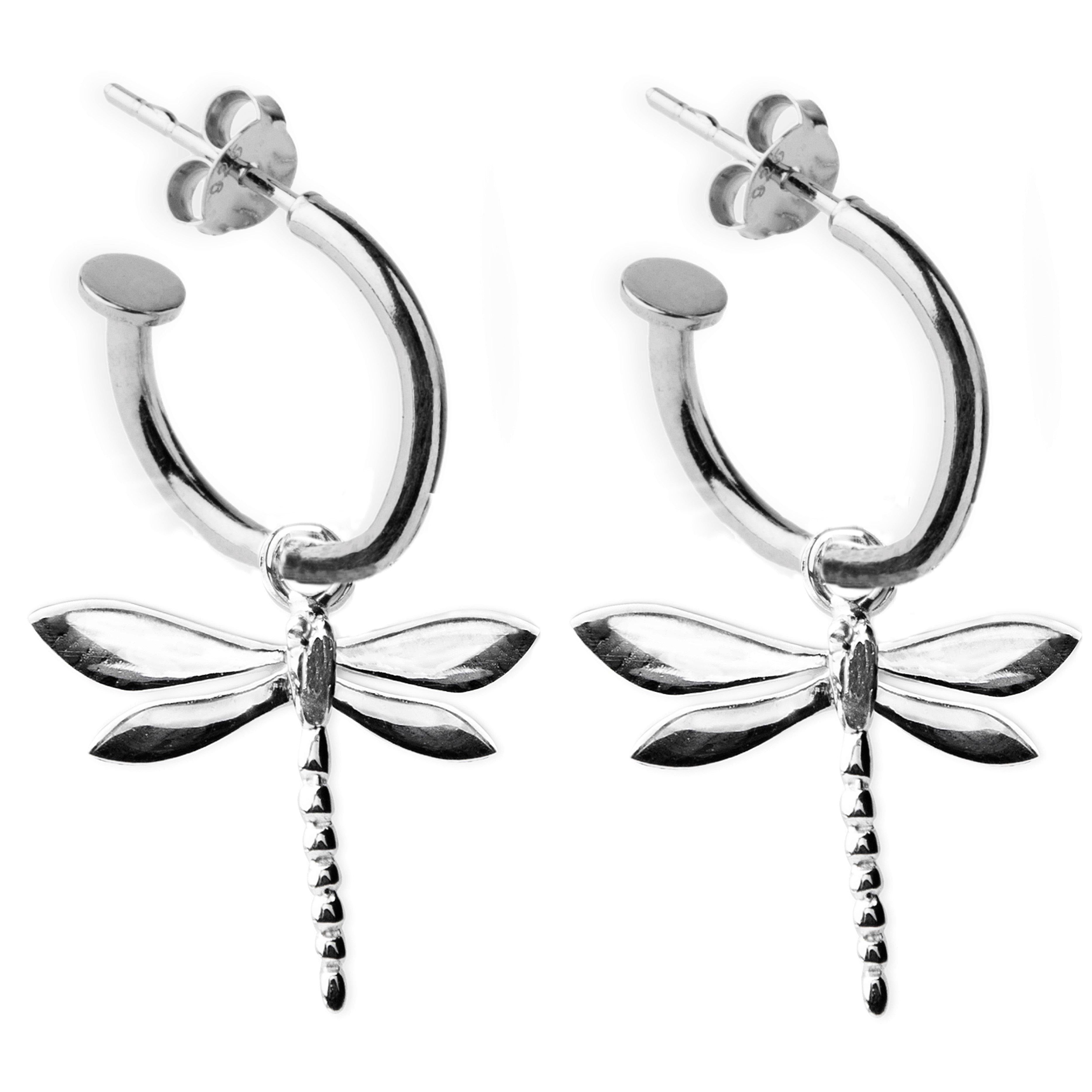 A pair of Gallardo & Blaine Designs Wildlife Dragonfly Huggies in sterling silver, featuring dragonfly charms with detailed wings and segmented bodies. The earrings come with butterfly backings and boast an elegant yet whimsical design.