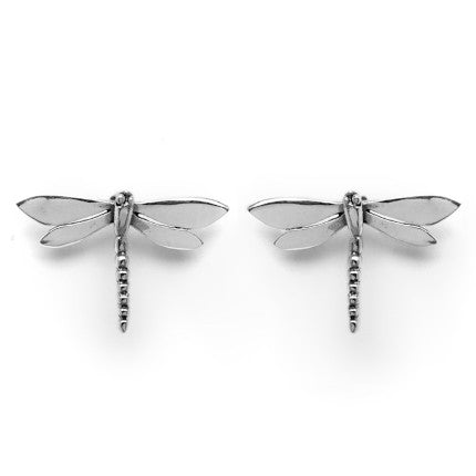Watermelon Tropical’s Wildlife Large Dragonfly Studs, available in silver plating, feature detailed wings and segmented tails—nature jewelry elegance on display against a white background.