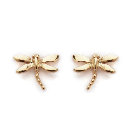 Wildlife Small Dragonfly Studs by Watermelon Tropical, available in silver or gold, feature detailed wings and a textured body. Shown on a plain white background.