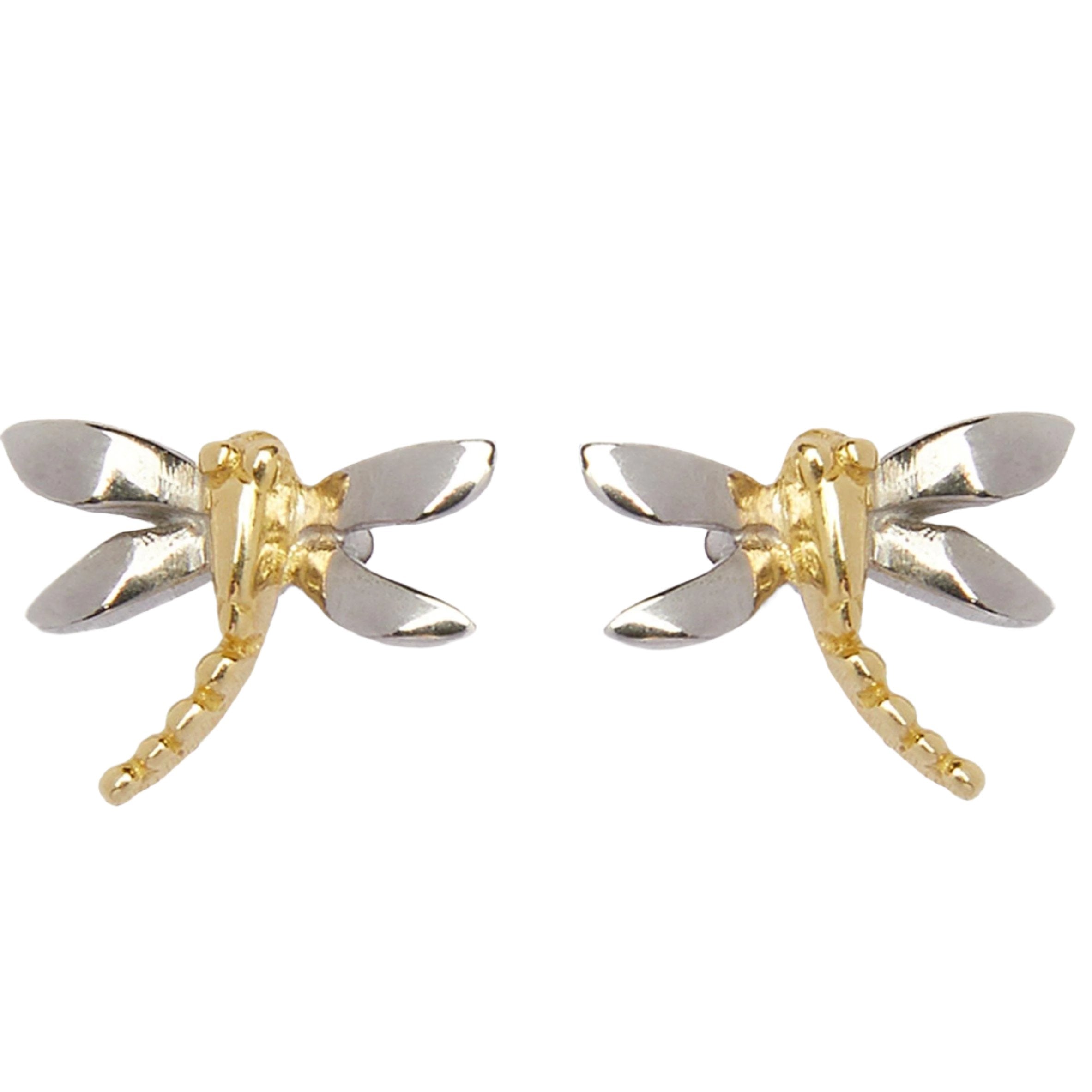 The Wildlife Small Dragonfly Studs by Watermelon Tropical feature silver-toned wings and gold-plated bodies and tails, available in silver or gold color options, displayed against a white background.