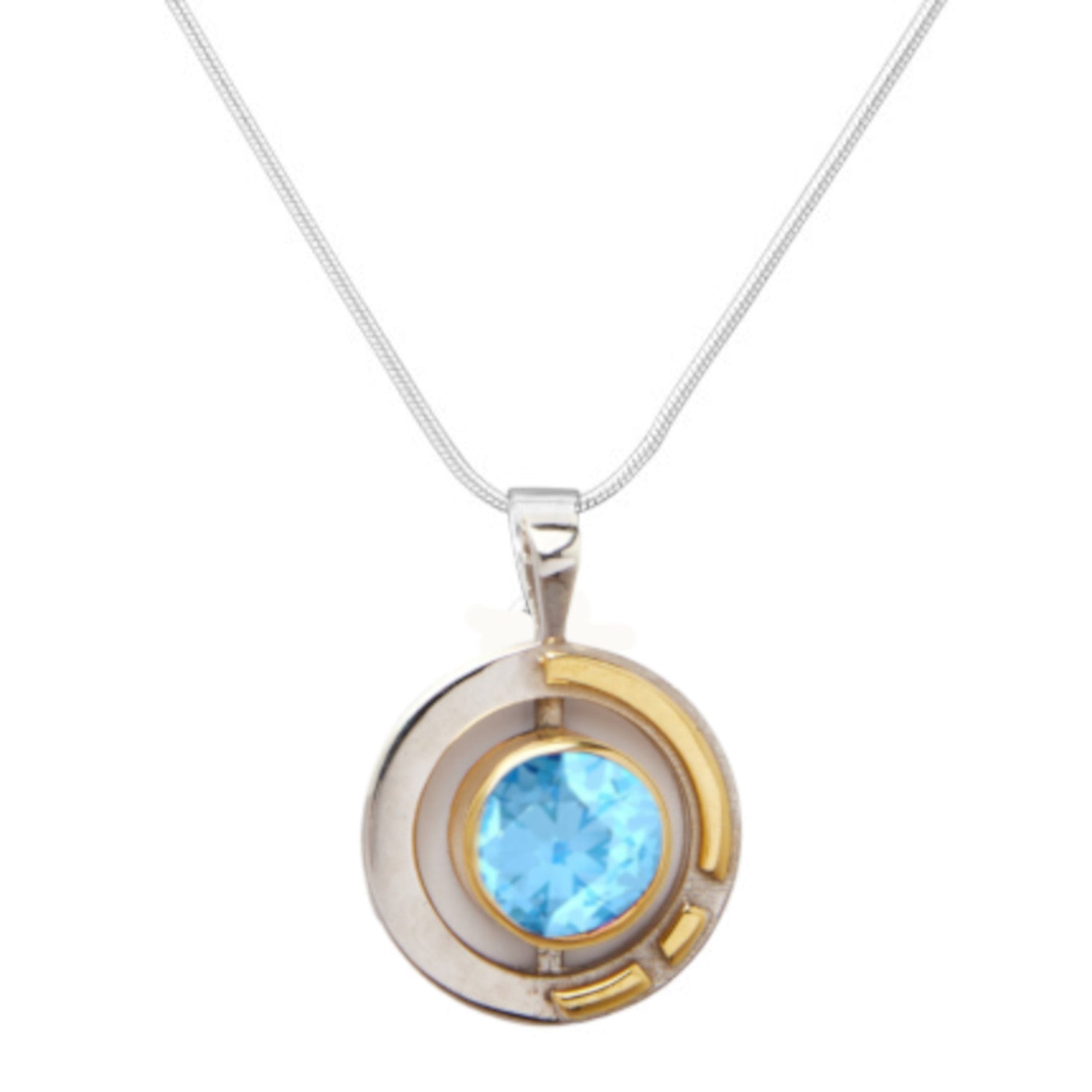The Elodie Pendant in silver gold & various gemstones by Gallardo & Blaine Designs showcases a modern, geometric design with both sterling silver and gold vermeil accents. Its circular pendant features a bright blue gemstone at the center, exuding an Art 