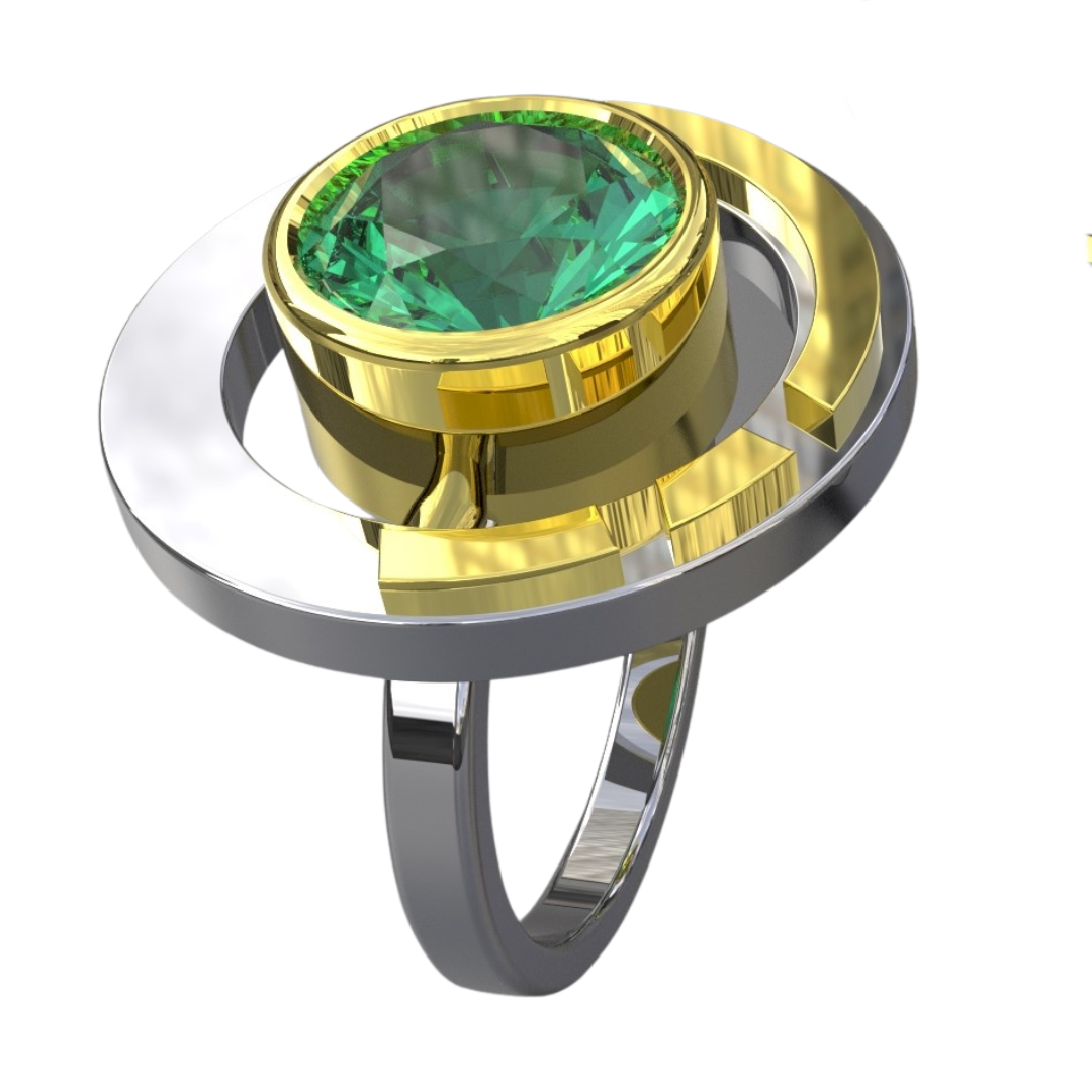 Introducing the Elodie Ring in Silver Gold & various gemstones by Gallardo & Blaine Designs: a modern piece with vintage style glamour featuring a round green gemstone set in a geometric design. The central stone is encased in gold, surrounded by concentr