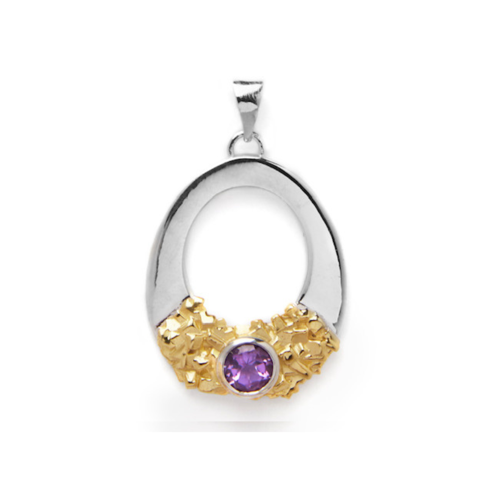 Introducing the Giselle Pendant from Gallardo & Blaine Designs: a stunning teardrop-shaped piece combining sterling silver and gold tones. The bottom half is elegantly adorned with gold accents and features a central, round purple gemstone. A smooth silve