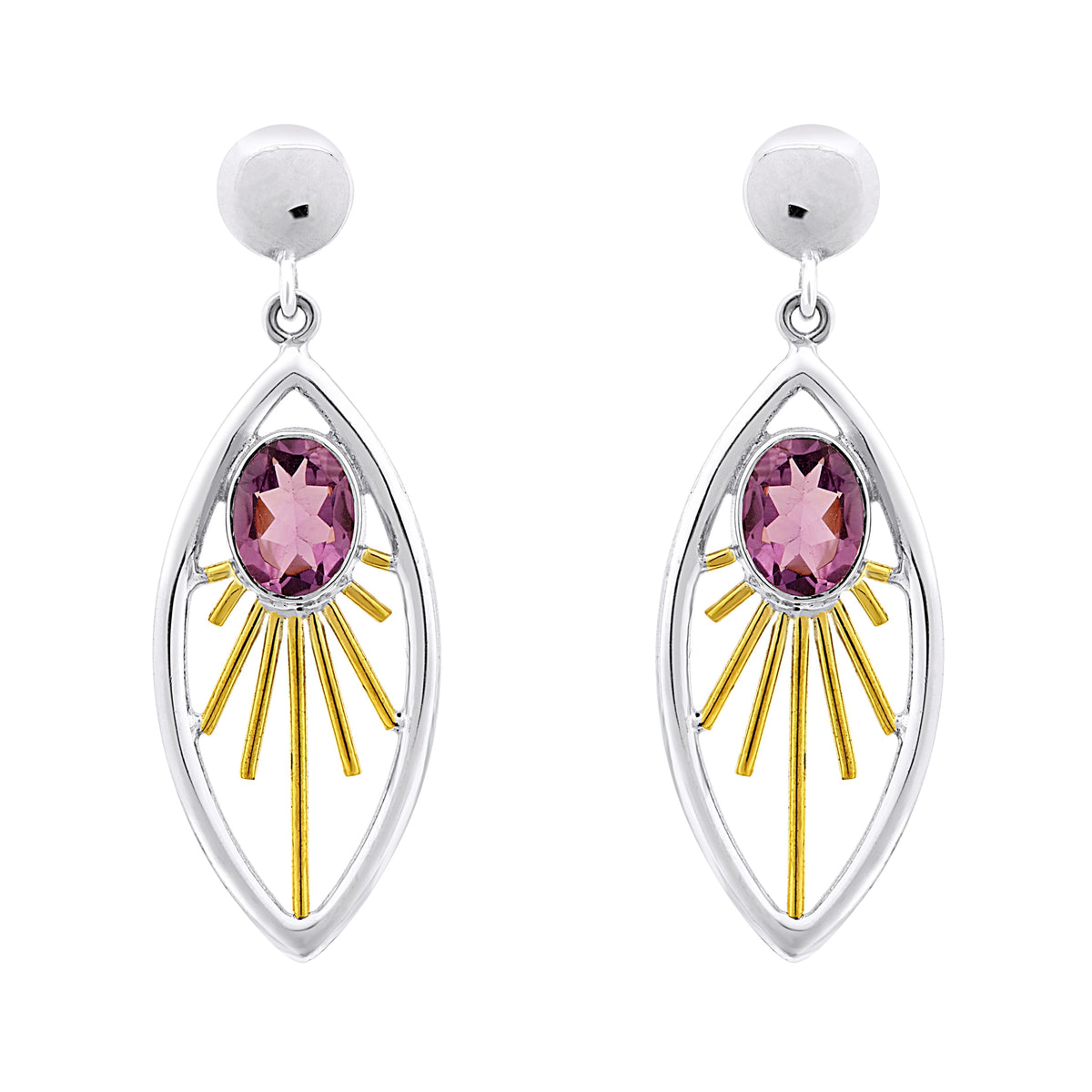 A pair of elegant Goddess Earrings in various gemstones featuring an oval-shaped pink gemstone at the center. The gemstone is set within a sterling silver & gold frame adorned with rays extending outward, resembling a radiant sunburst. These exquisite gem