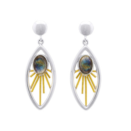 A pair of elegant Goddess Earrings in various gemstones by Gallardo & Blaine Designs featuring a teardrop-shaped design with sterling silver framing, embedded with oval-shaped iridescent stones at the center, and decorated with radiating gold spokes. Thes