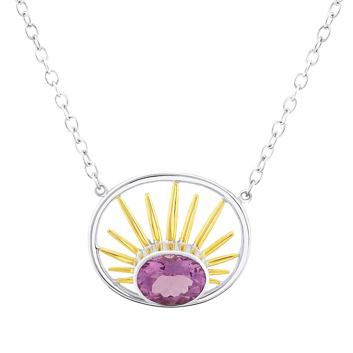 Introducing the Goddess Necklace Small in various gemstones by Gallardo & Blaine Designs, featuring an oval-shaped pendant with a pink gemstone. The pendant design includes golden rays extending upwards like a sun, set within a sterling silver circle and 