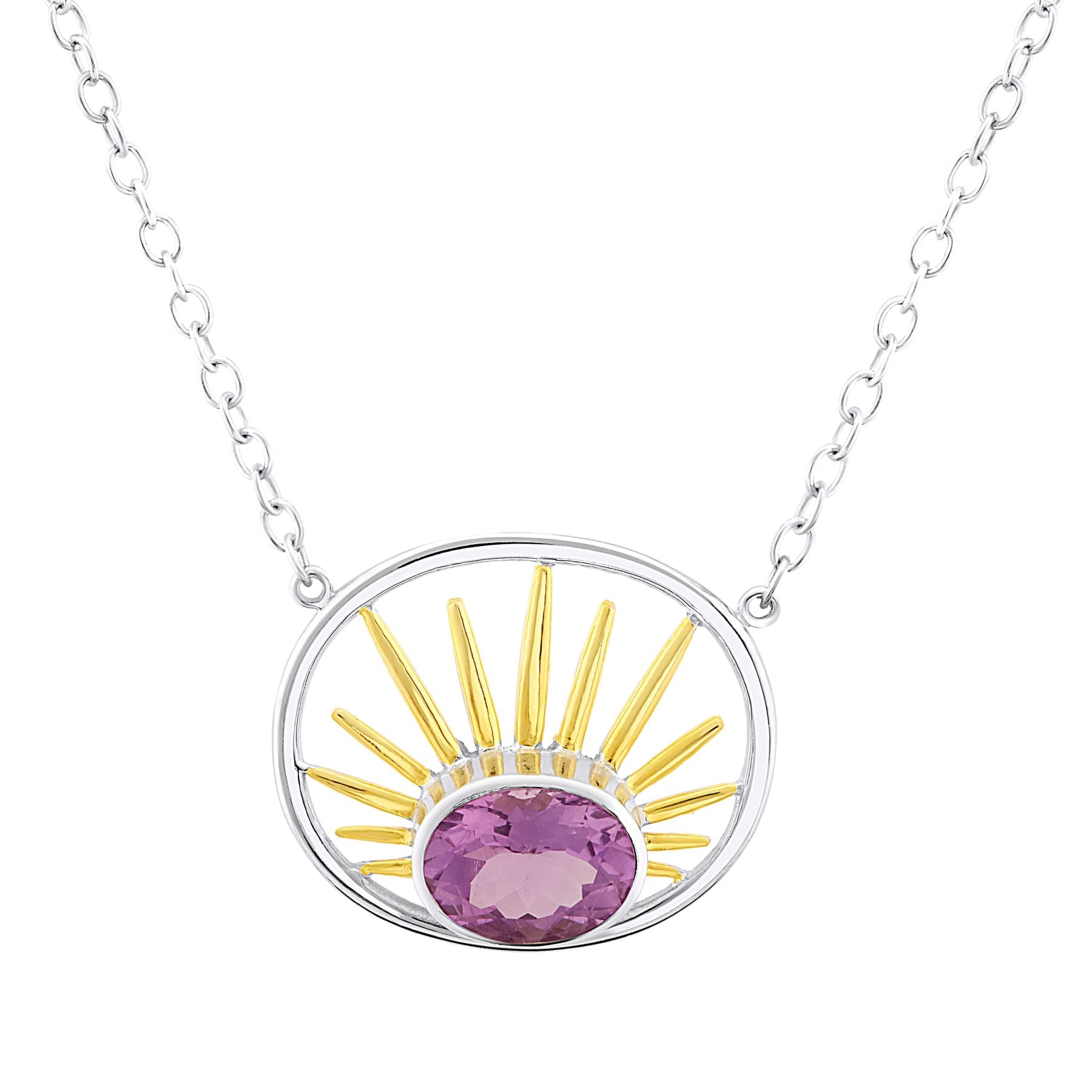 The Goddess Necklace Small by Gallardo & Blaine Designs features an oval gemstone pendant with a purple stone and gold sunburst rays in a silver frame—an elegant sterling silver necklace for any occasion, available in various gemstones.