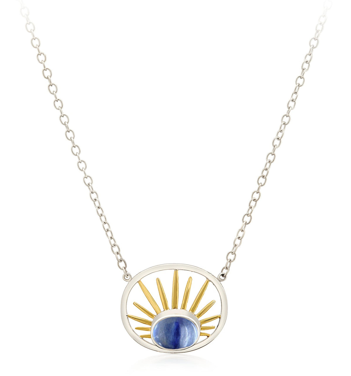 The Gallardo & Blaine Designs Goddess Necklace Small in various gemstones features a sterling silver chain adorned with a stunning blue oval gemstone at the center. Framed by a silver oval, gold sunray-like spokes radiate from the gemstone, beautifully re