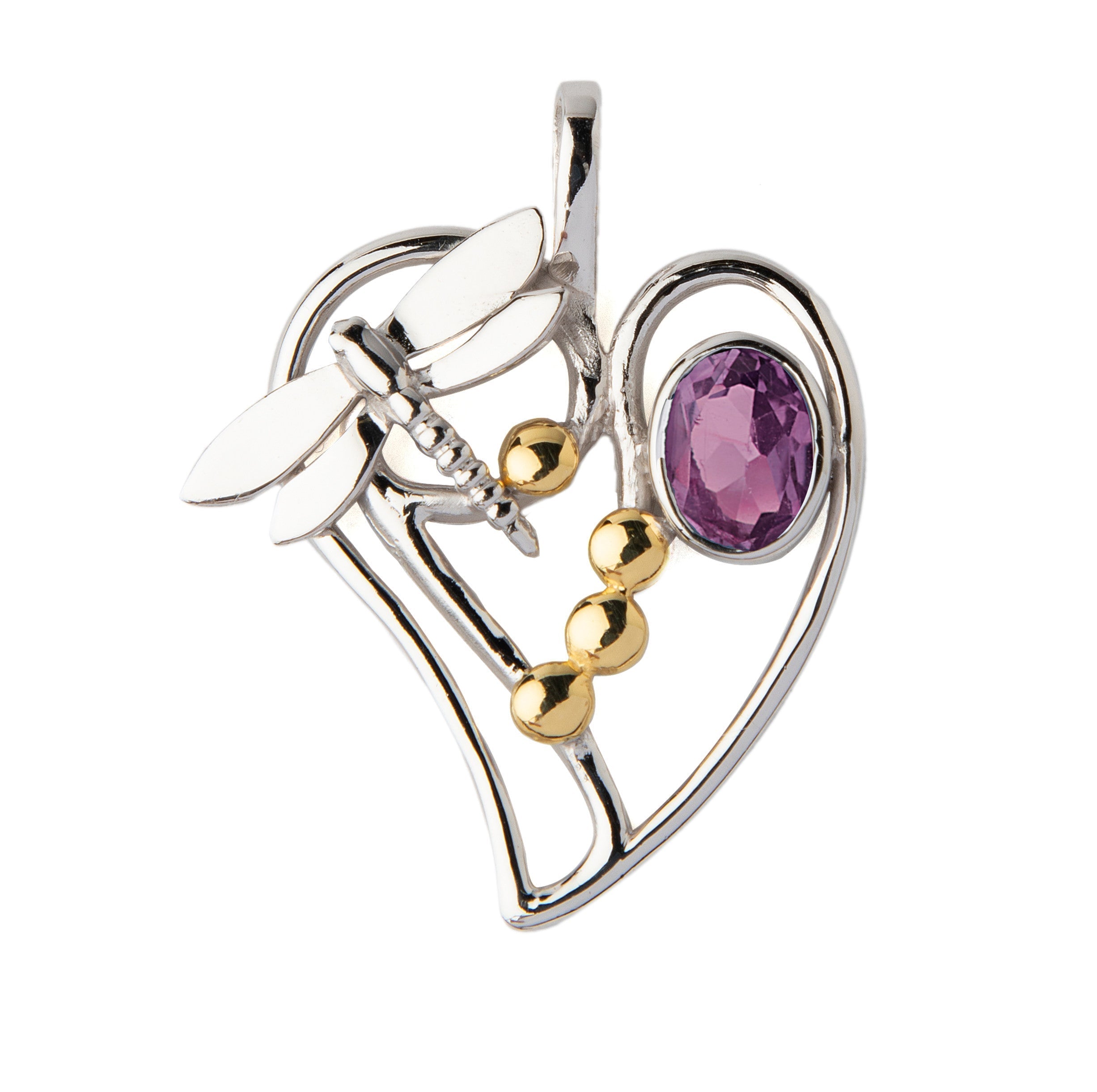 The Heart Dragonfly Pendant Small by Gallardo & Blaine Designs features sterling silver, three gold spheres, and a purple oval gemstone on one side, creating a delicate and elegant look. Available in various gemstones.