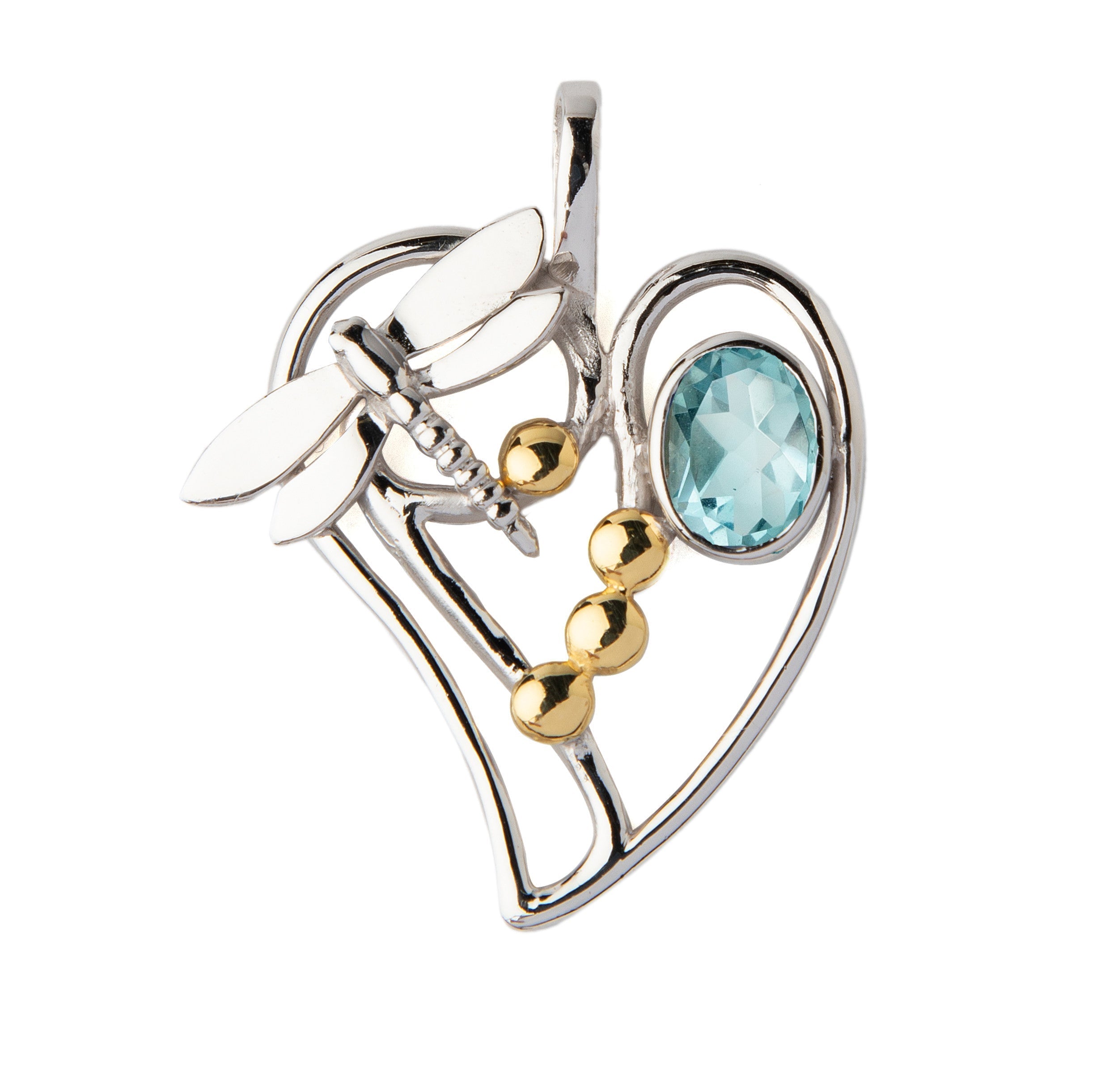 The Heart Dragonfly Pendant Small by Gallardo & Blaine Designs features sterling silver, three gold beads, and an oval blue gemstone on one side—a unique handcrafted gemstone pendant.