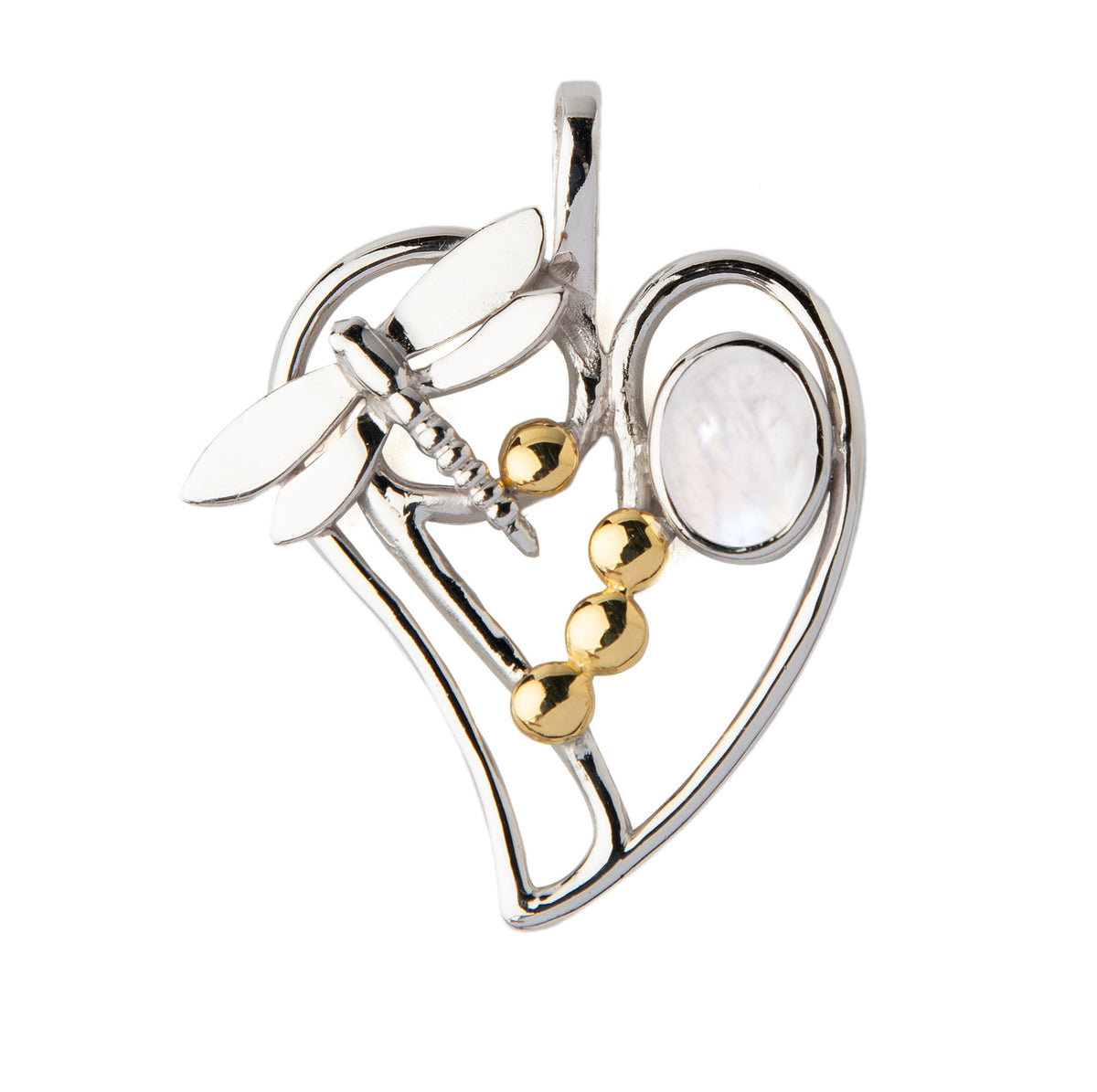 The Heart Dragonfly Pendant Small by Gallardo & Blaine Designs is crafted in sterling silver with three gold spheres and an oval white gemstone, all in an open, delicate wire heart design.