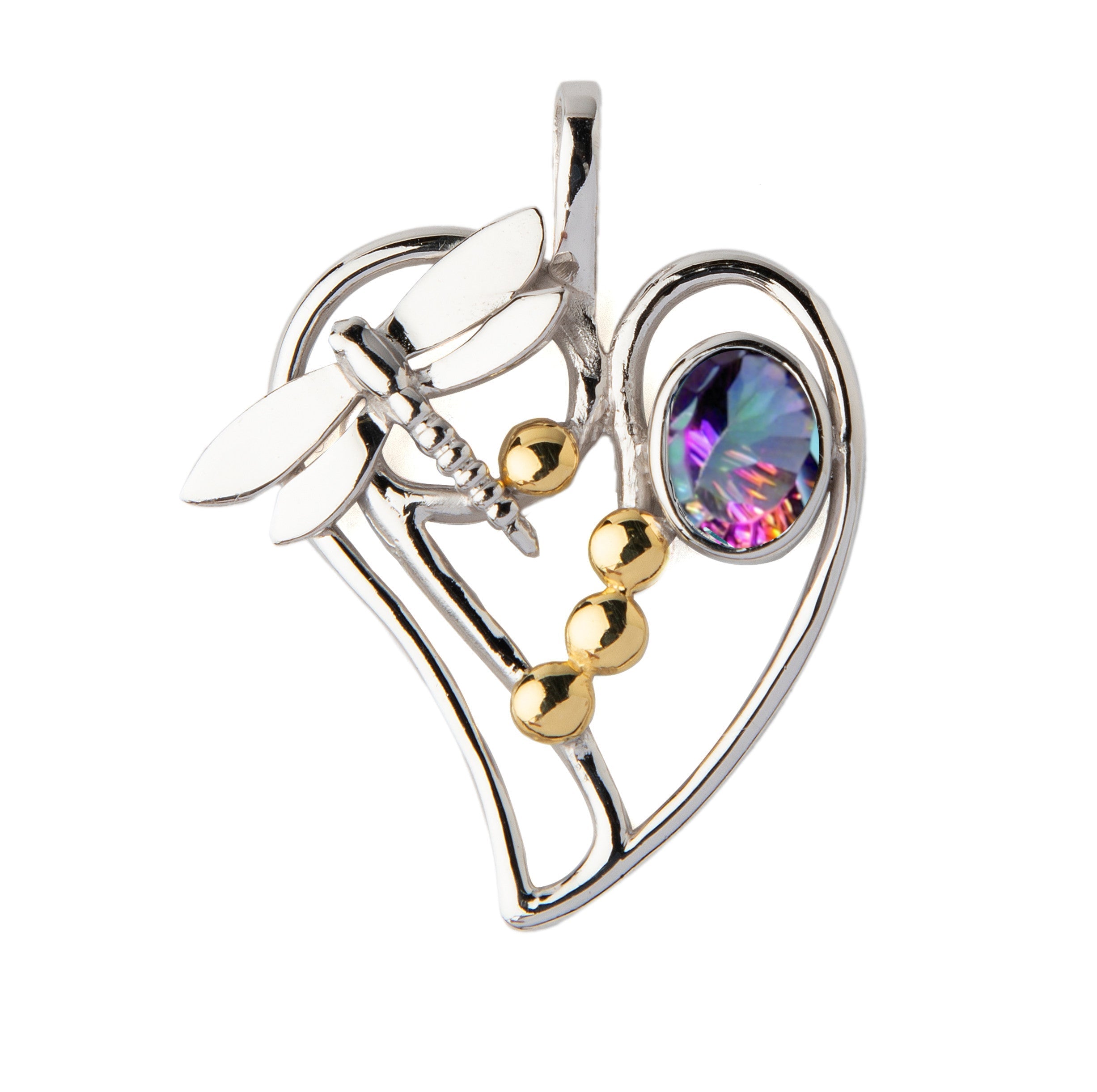 The Heart Dragonfly Pendant Small by Gallardo & Blaine Designs features elegant curves, a sterling silver dragonfly with three gold beads, and a colorful oval gemstone—available in various gemstones.