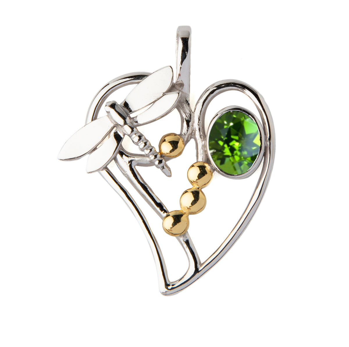 The Heart Dragonfly Pendant Small by Gallardo & Blaine Designs features a sterling silver heart with a dragonfly, three gold beads, and a green oval gemstone set against a white background.