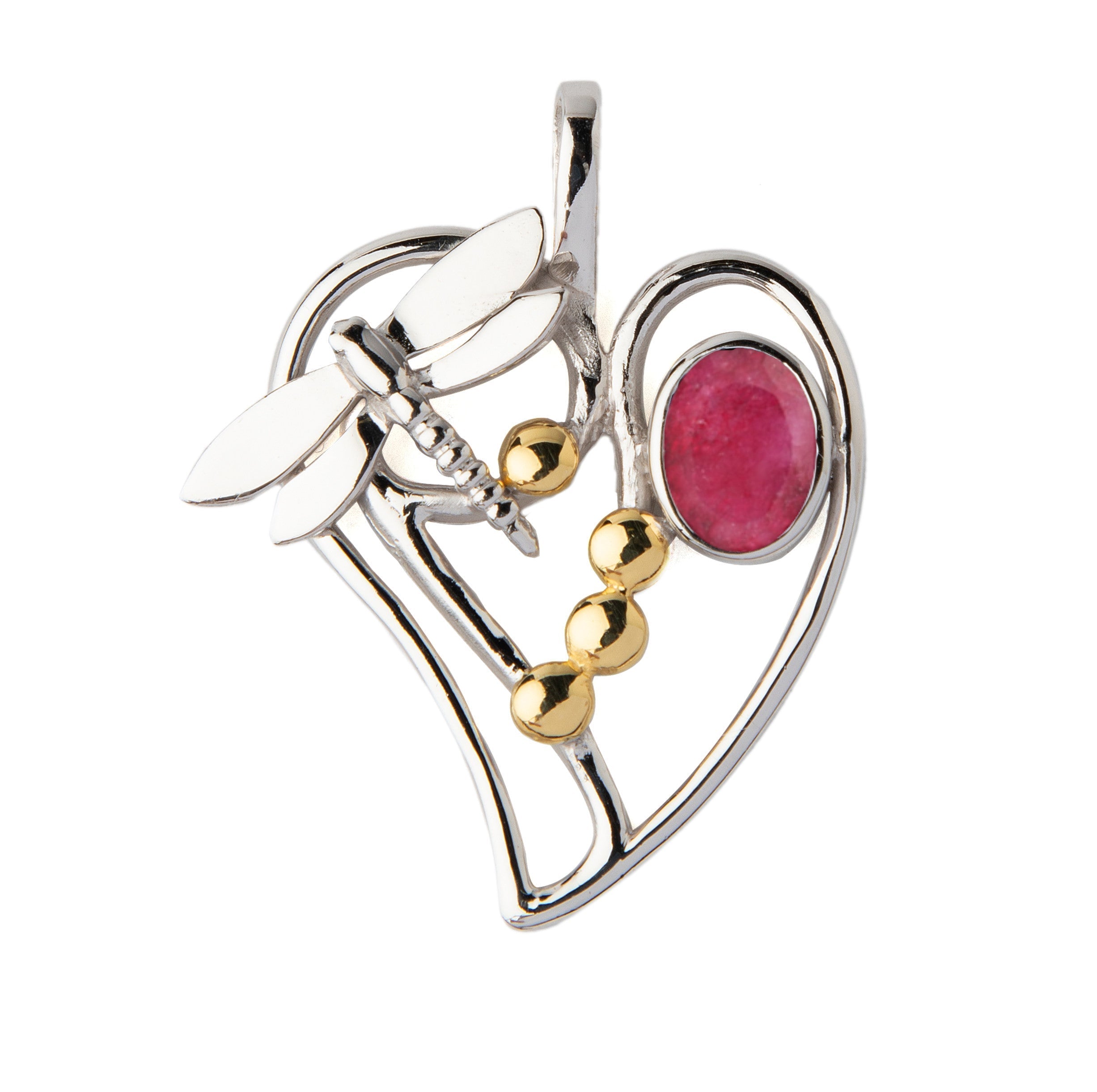 The Heart Dragonfly Pendant Small by Gallardo & Blaine Designs features a sterling silver dragonfly with three gold spheres and a pink oval gemstone accent on the right. Available in various gemstones.