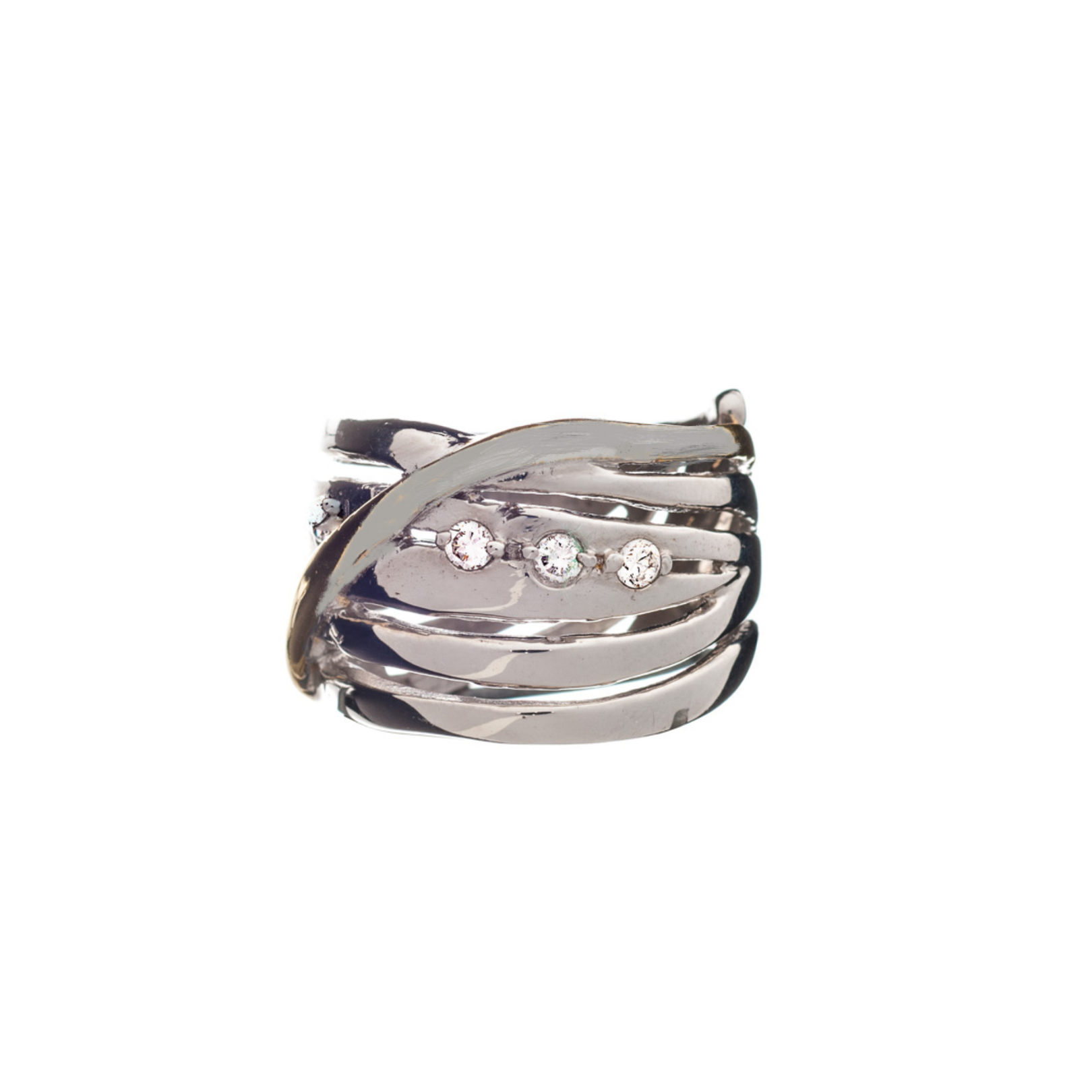 The Hidden Gems Ring in Silver & Gold, crafted by Gallardo & Blaine Designs, features a chunky statement design with a multi-band layout adorned with three small, round diamonds at the center. The bands are layered and intertwined, offering a textured and