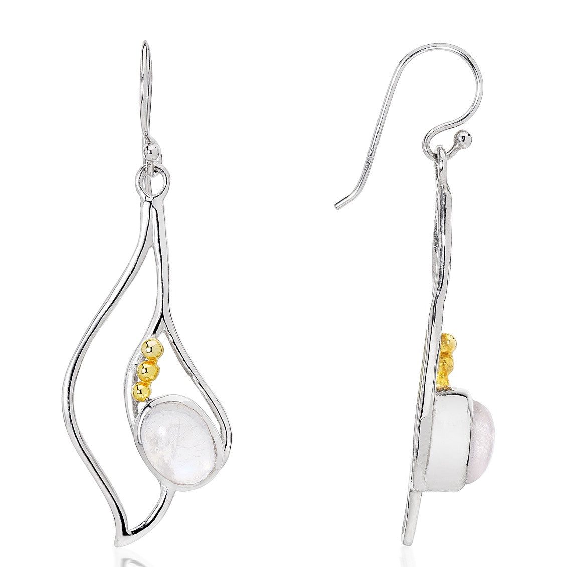 The Iris Earrings in various gemstones from Gallardo & Blaine Designs are a stunning pair of silver drop earrings with an elegant wavy design, featuring a round, translucent gemstone at the center and three small gold beads adjacent to the stone. These ex