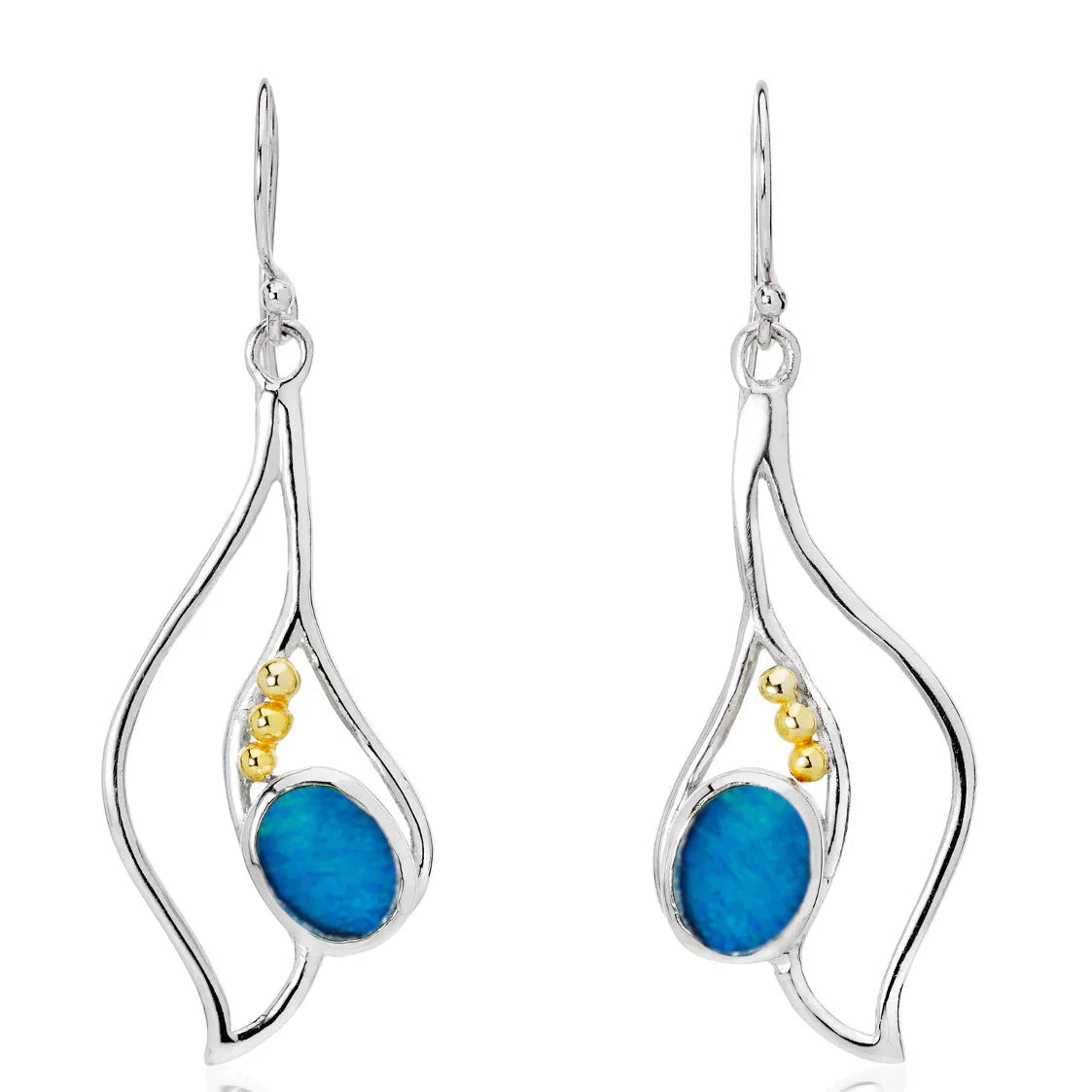 Introducing the Iris Earrings in various gemstones by Gallardo & Blaine Designs: a pair of silver & gold dangle earrings featuring a flowing, abstract design. Each gemstone earring showcases a blue oval stone near the bottom, accented by three small gold 