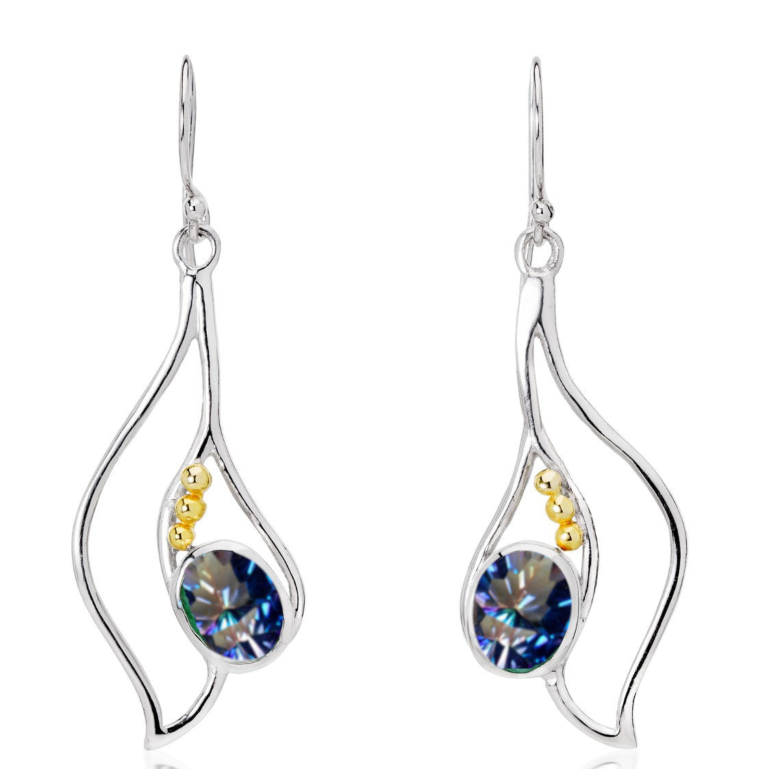 Introducing our Iris Earrings in various gemstones by Gallardo & Blaine Designs: a pair of elegant dangle earrings featuring a unique, wavy silver design. Each earring showcases a round, multi-faceted dark crystal and is accented with three small gold bea