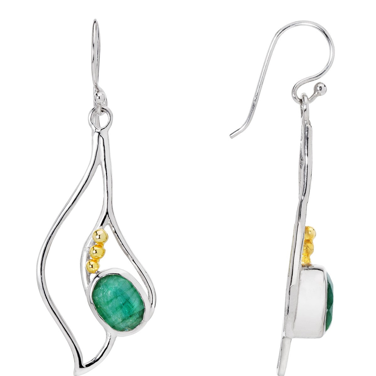 Introducing the Iris Earrings in various gemstones by Gallardo & Blaine Designs: a pair of sleek silver & gold dangling earrings, featuring a green oval gemstone accented by small gold beads. With a modern, asymmetrical shape and hook closure, these minim