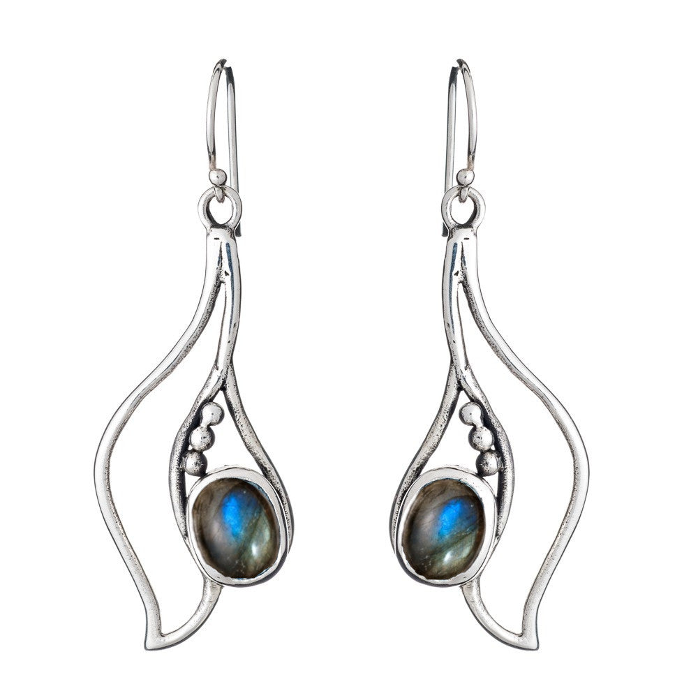 Introducing the Iris Earrings in various gemstones by Gallardo & Blaine Designs: a stunning pair of silver and gold earrings featuring an abstract, flowing design with small ball accents. Each earring showcases an oval labradorite gemstone with iridescent