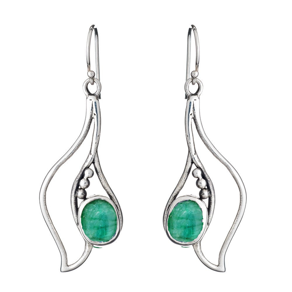 Introducing the Iris Earrings in various gemstones by Gallardo & Blaine Designs: a pair of silver and gold dangly earrings featuring an intricate, organic design. Each earring showcases three small silver beads and a vibrant green oval gemstone set in the