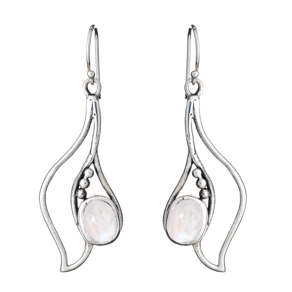 Introducing the Iris Earrings in various gemstones by Gallardo & Blaine Designs: a stunning pair of silver earrings with an abstract, wave-like design. Each earring features a single oval, translucent gemstone set in the lower part, accompanied by small s