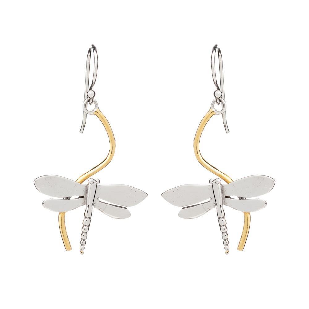 A stunning pair of Wildlife Juniper Earrings from Gallardo & Blaine Designs, showcasing silver dragonfly shapes with elegant gold accents hanging from small hooks. The wings and bodies are intricately detailed in silver, while their tails feature beautifu