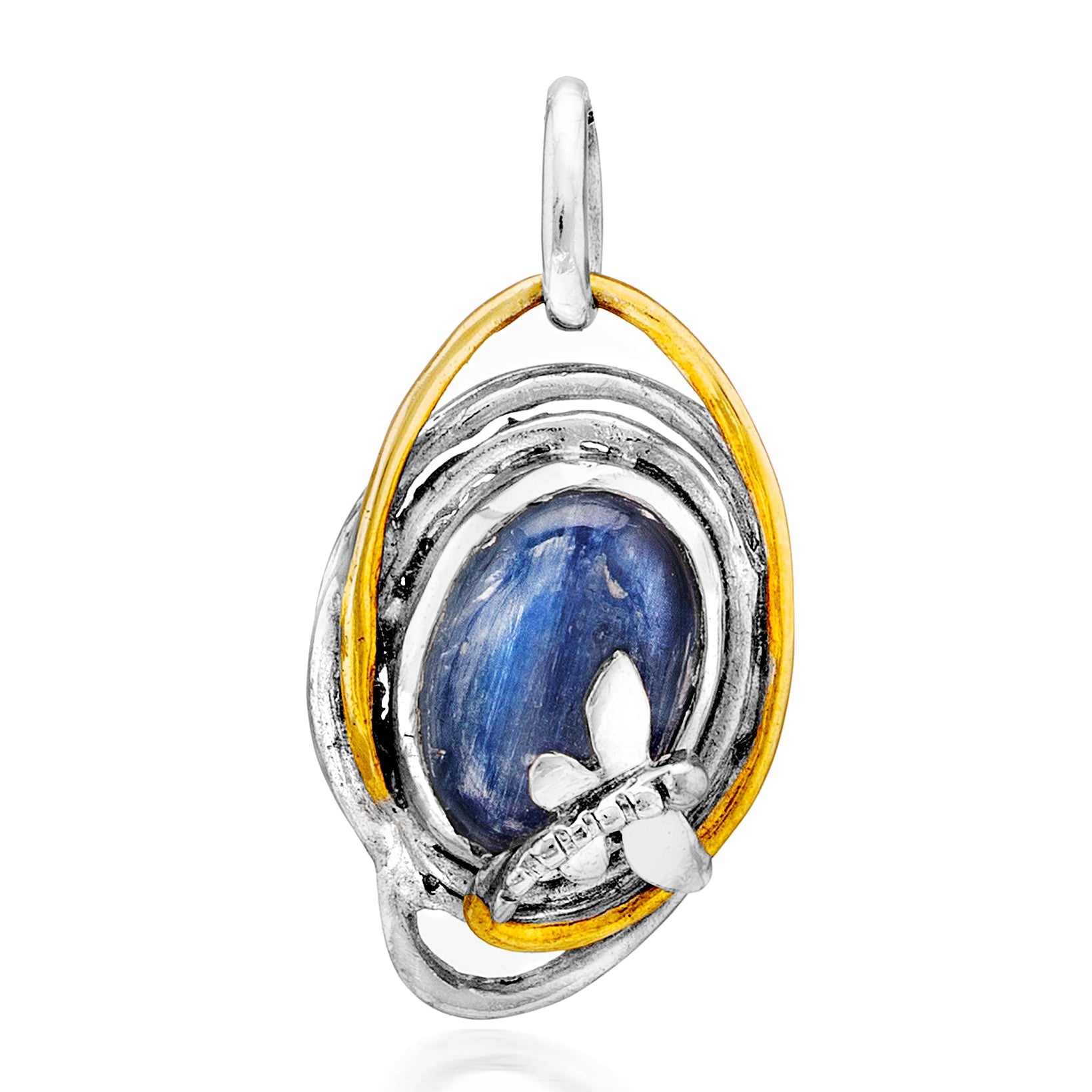 A Lagoon Pendant Small in various gemstones by Gallardo & Blaine Designs featuring a blue oval gemstone encased in a silver and gold twisted metal design. The intricate design includes a small silver butterfly detail at the bottom right of the stone. This