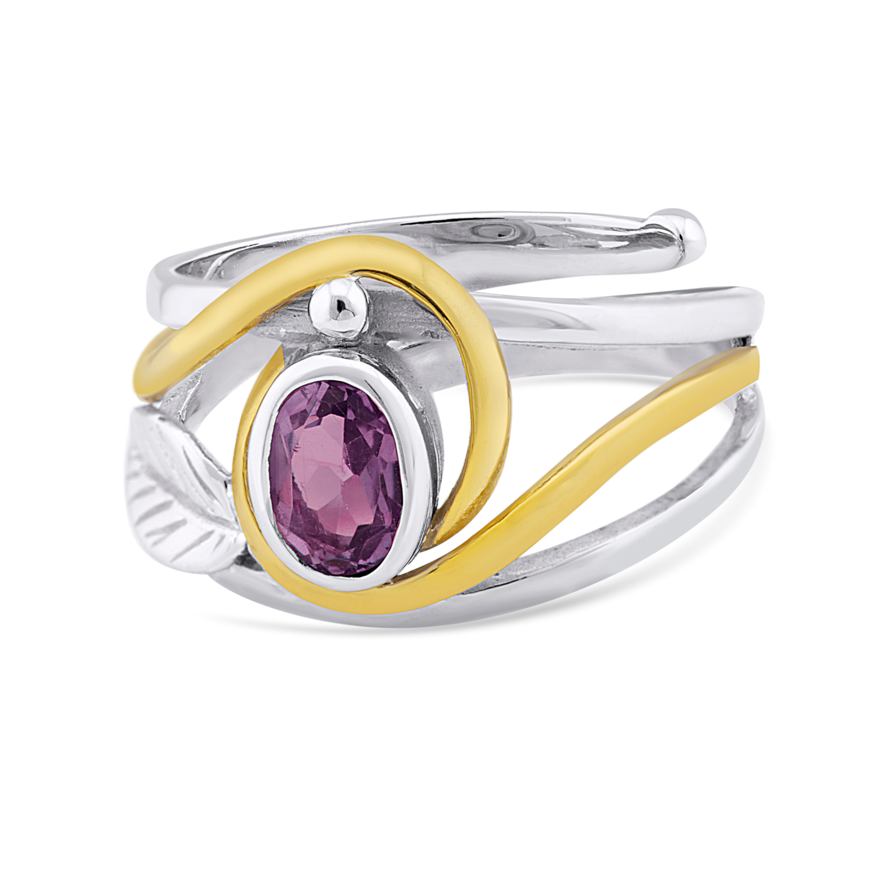 An elegant Leaf Ring in Silver Gold & various gemstones featuring a wrap-around design with a purple oval gemstone at its center. Silver & gold accents swirl around the gemstone, adding a touch of contrast and sophistication to the piece, reminiscent of a
