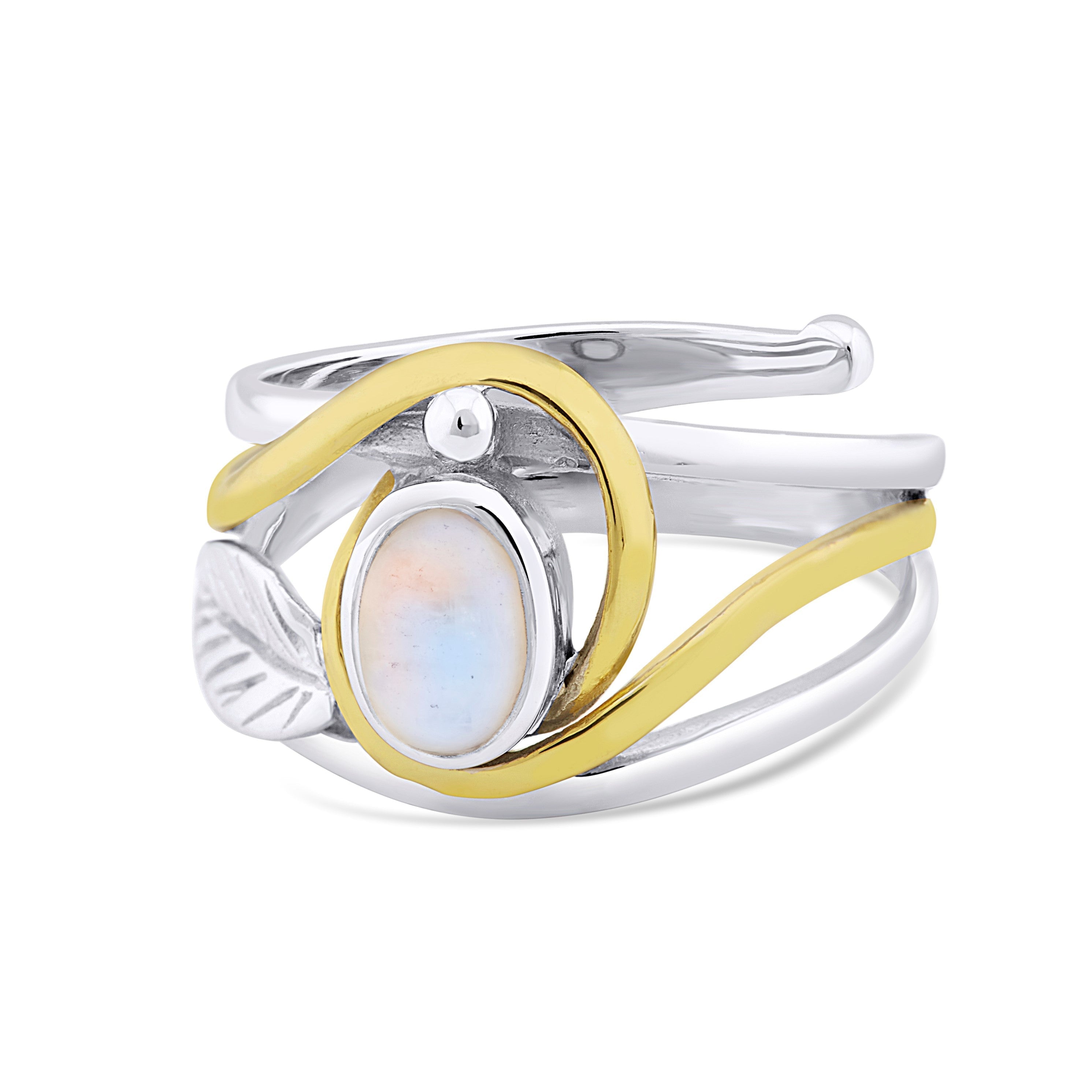 A delicate Leaf Ring in Silver Gold & various gemstones featuring a central oval opal gemstone set in a blend of silver and gold bands. The design includes a silver leaf accent and a gold swirl wrapping around the opal, creating an elegant, nature-inspire