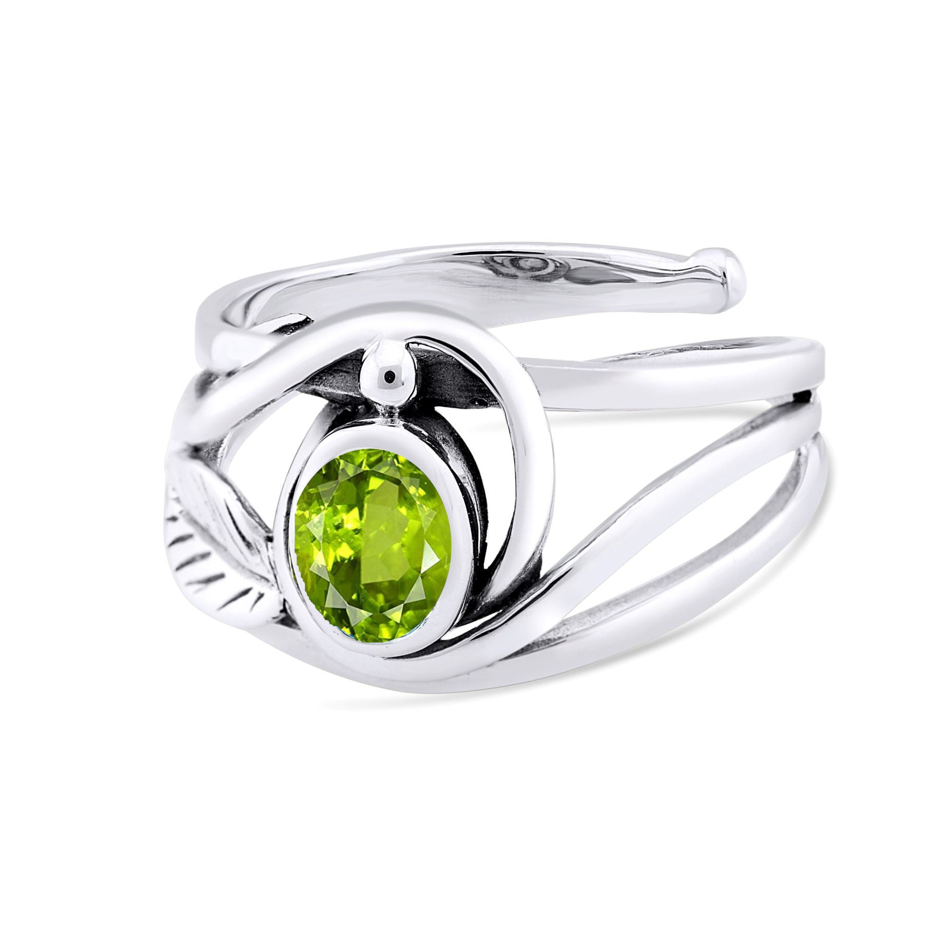 A silver & gold ring featuring an intricate, twisted band design. The centerpiece is a vibrant green gemstone, secured in a circular setting. Elegant and modern, this Leaf Ring in Silver Gold & various gemstones from Gallardo & Blaine Designs has a unique