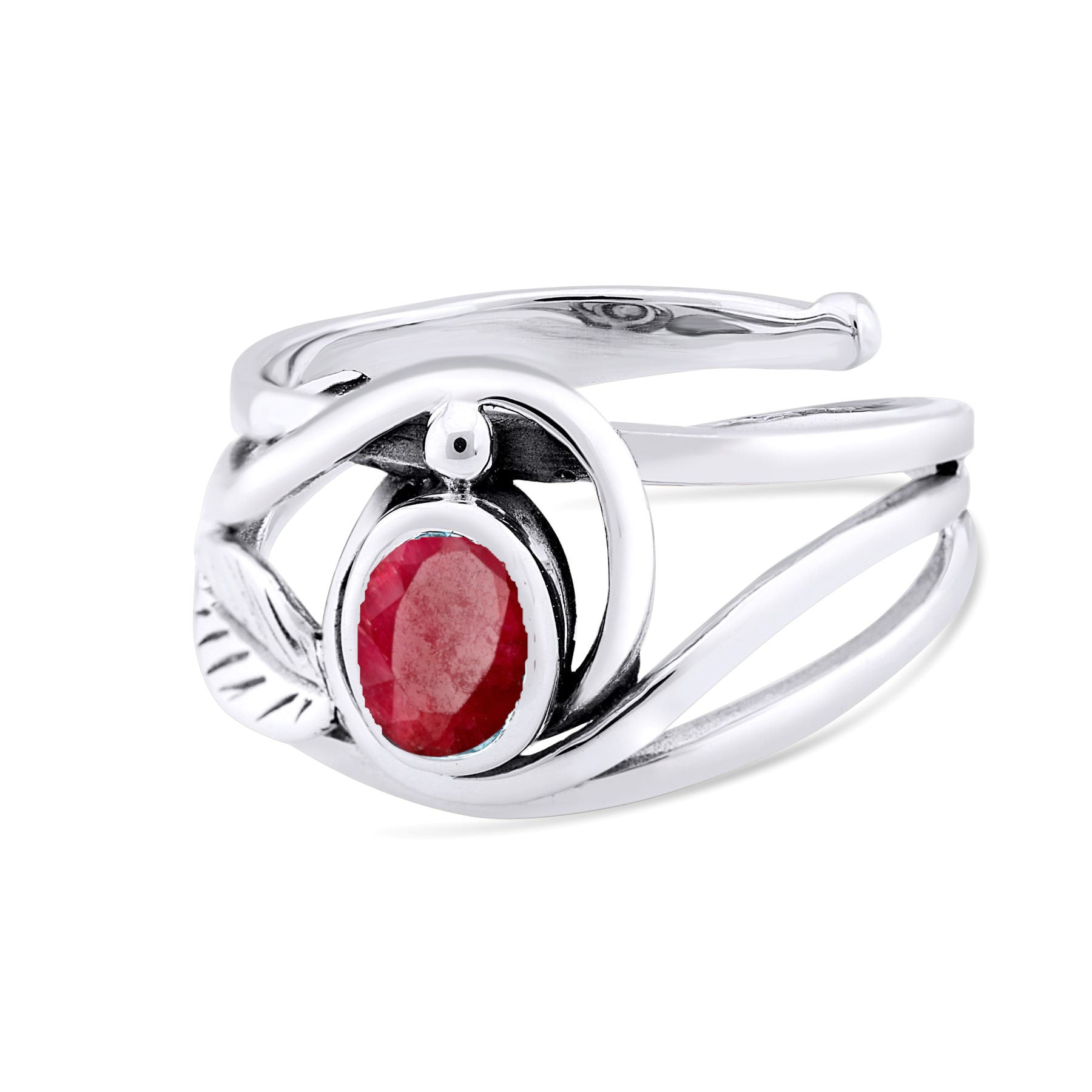 A Leaf Ring in Silver Gold & various gemstones by Gallardo & Blaine Designs with an oval-shaped red gemstone in a modern, sculptural setting featuring intertwining metal bands. This elegant gemstone ring has an asymmetrical design, with a sleek, polished 