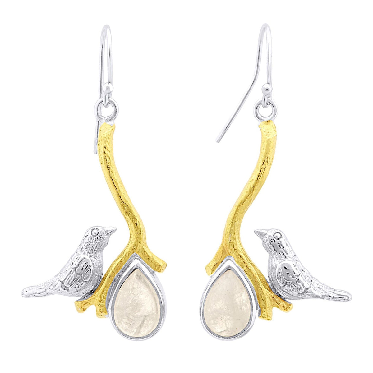 A pair of Lovebird Earrings in various gemstones by Gallardo & Blaine Designs featuring a design of two silver birds perched on gold-toned branches. Each branch holds a teardrop-shaped, translucent gemstone, creating an elegant and nature-inspired accesso
