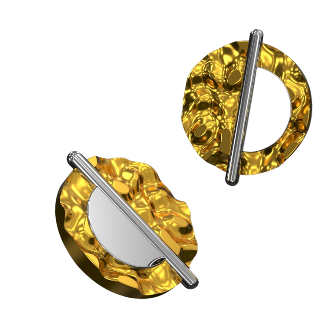 Two abstract, gold-toned, wavy circular shapes are intersected by sleek, cylindrical silver bars. The design exudes French elegance with an Art Deco flair, emphasizing contrasting textures and colors. The arrangement suggests a pair but not a clear functi