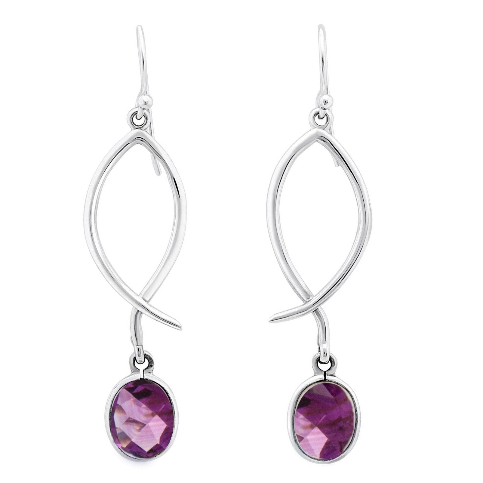 Presenting the Lupin Earrings in Various Gemstones by Gallardo & Blaine Designs: a pair of elegant drop silver earrings featuring an elongated twist design. Each earring showcases a dangling faceted purple gemstone in an oval shape, finished with a hook c