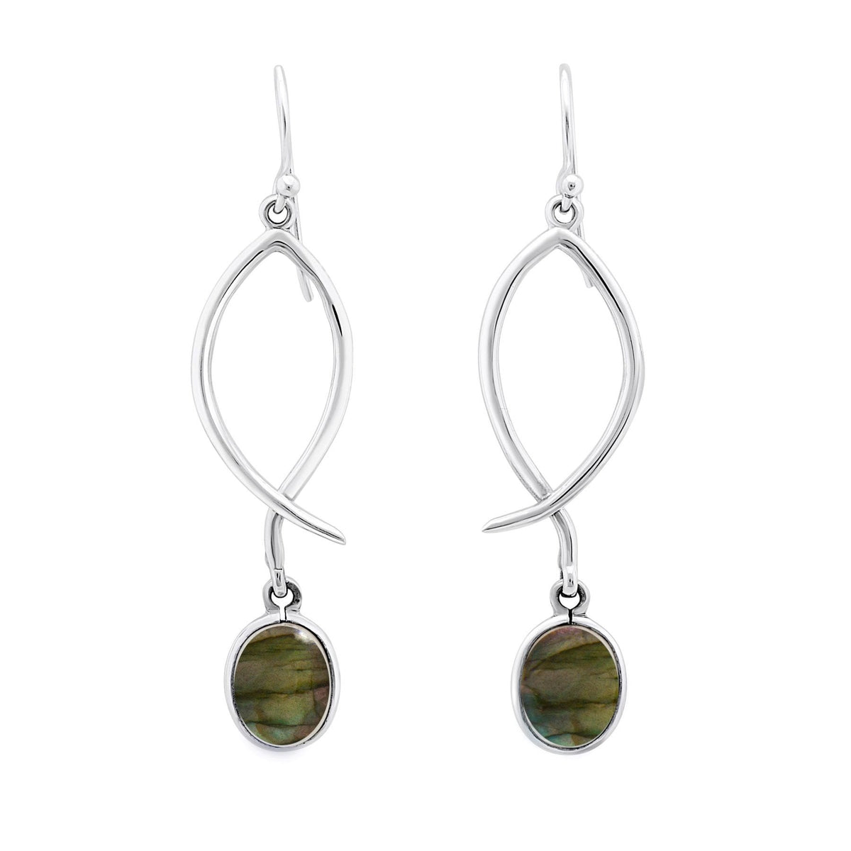 A pair of Lupin Earrings in various gemstones, silver fish-shaped dangling earrings featuring oval, iridescent green gemstones at the bottom. The earrings have a sleek and elegant design, showcasing a modern and sophisticated style. These versatile earrin