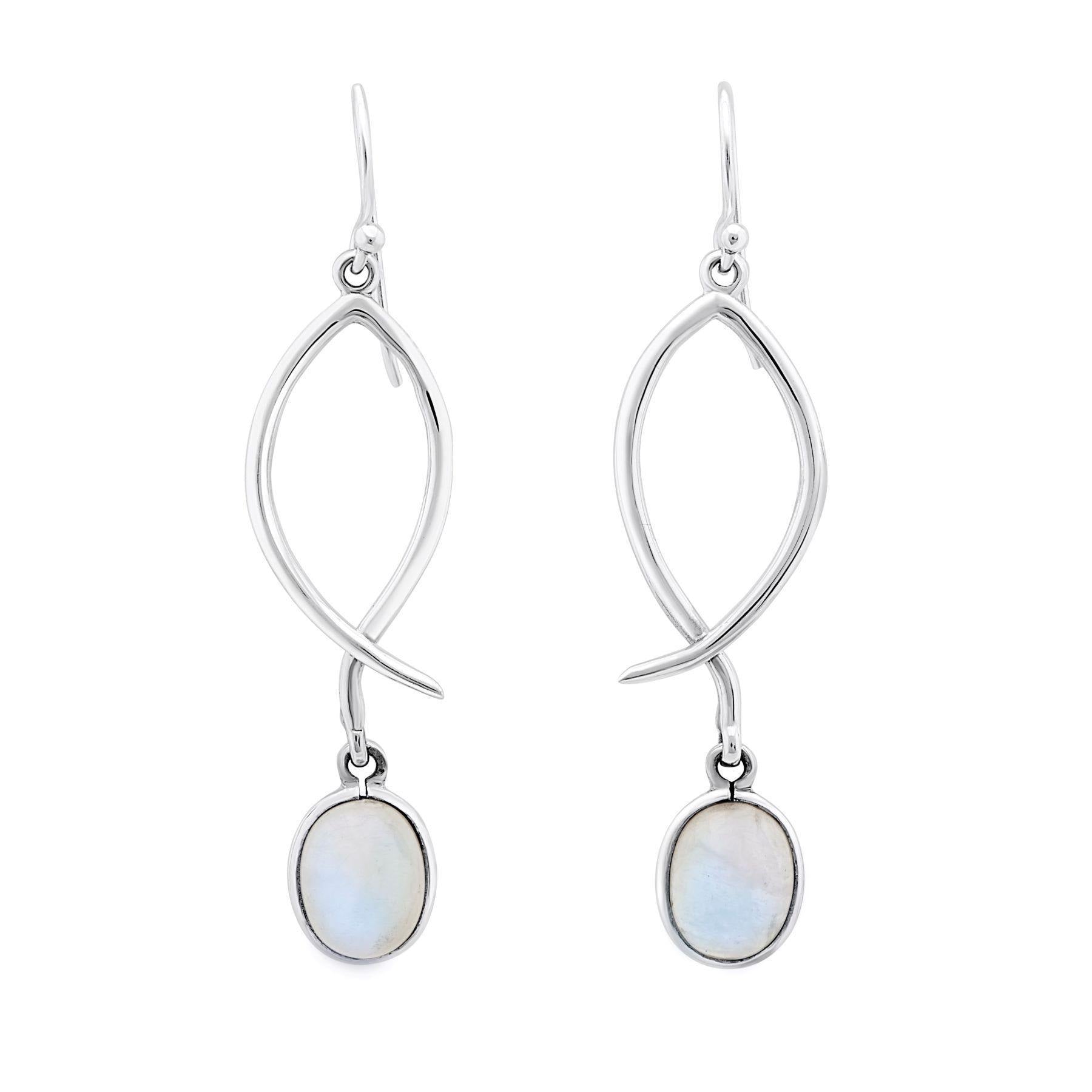 Introducing the versatile Lupin Earrings in various gemstones by Gallardo & Blaine Designs: a pair of silver drop earrings with an elegant, curved design. Each earring features a dangling oval-shaped moonstone at the end, exuding a soft, iridescent glow. 
