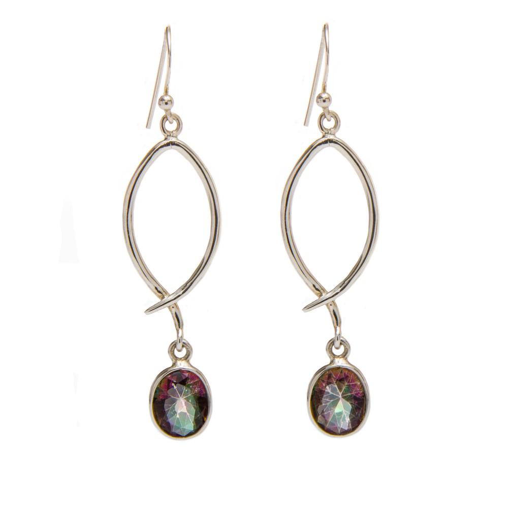 A pair of elegant drop **Lupin Earrings in various gemstones** from **Gallardo & Blaine Designs**, featuring gold-tone metal in an elongated teardrop shape with a twisted design. At the bottom of each earring, a multicolored, faceted gemstone-like bead is