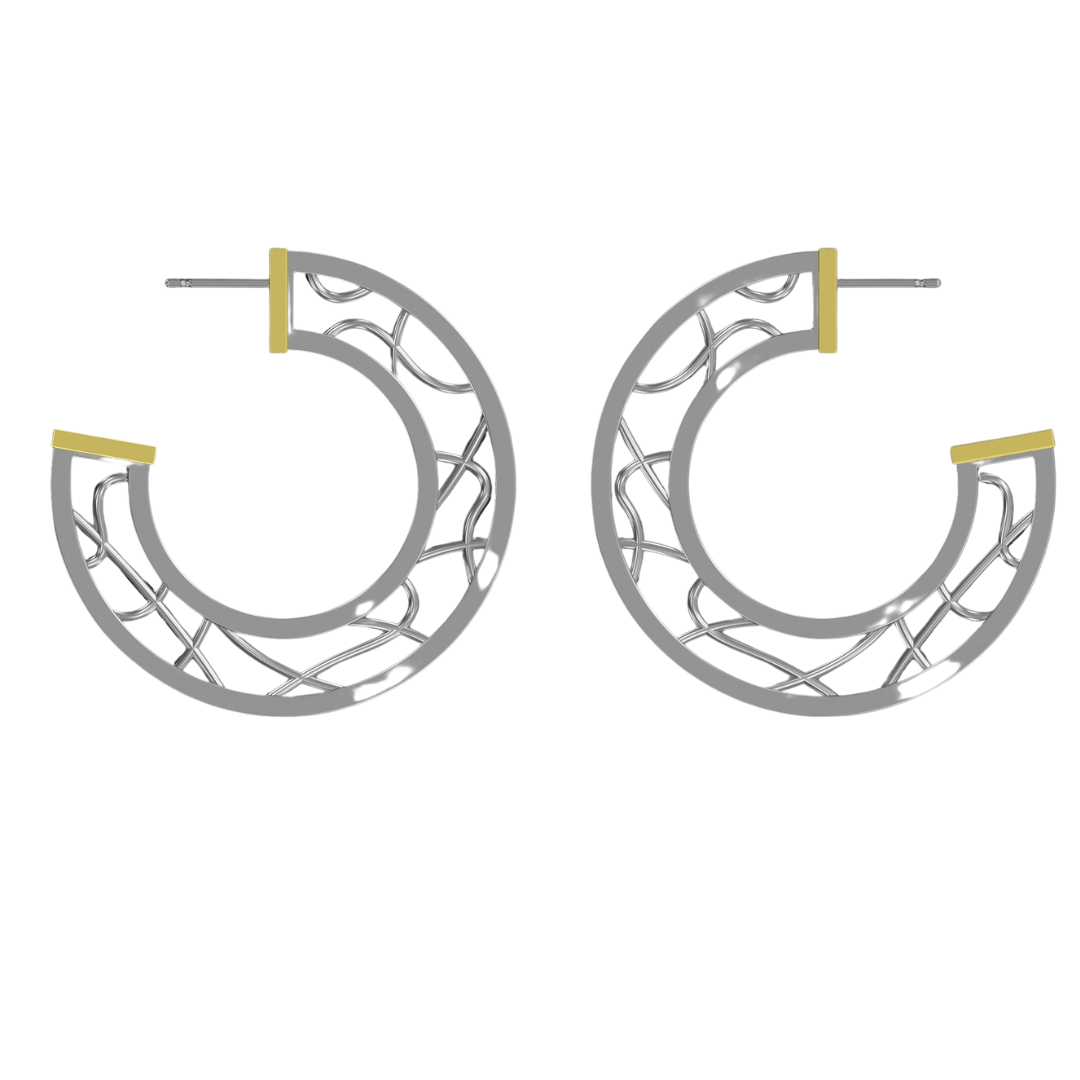 Introducing the Maya Earrings by Gallardo & Blaine Designs: a pair of round earrings with an open geometric design. Each earring is crafted from sterling silver with delicate mesh-like patterns and features gold vermeil accents at the top and bottom. The 
