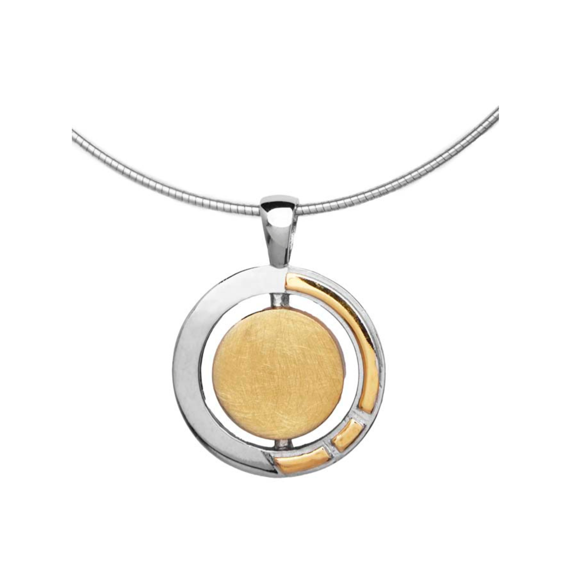 A necklace featuring the Urú Large Pendant & Chain with a modern Celtic pendant with a circular design. The pendant combines sterling silver & gold vermeil, with a gold central disc and a partially encircling silver frame, accented by small gold details.