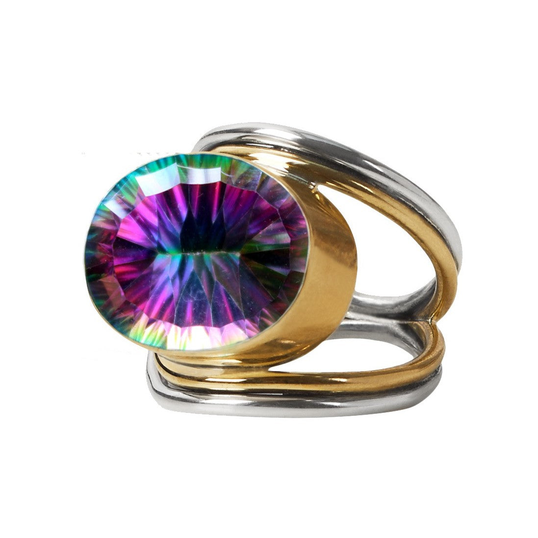 A Party Ring in various gemstones set in a sterling silver and gold dual-band ring. The statement gemstone displays a vibrant array of colors, including purple, green, and blue, cut to reflect light for a dazzling effect. With its sleek, modern design, th
