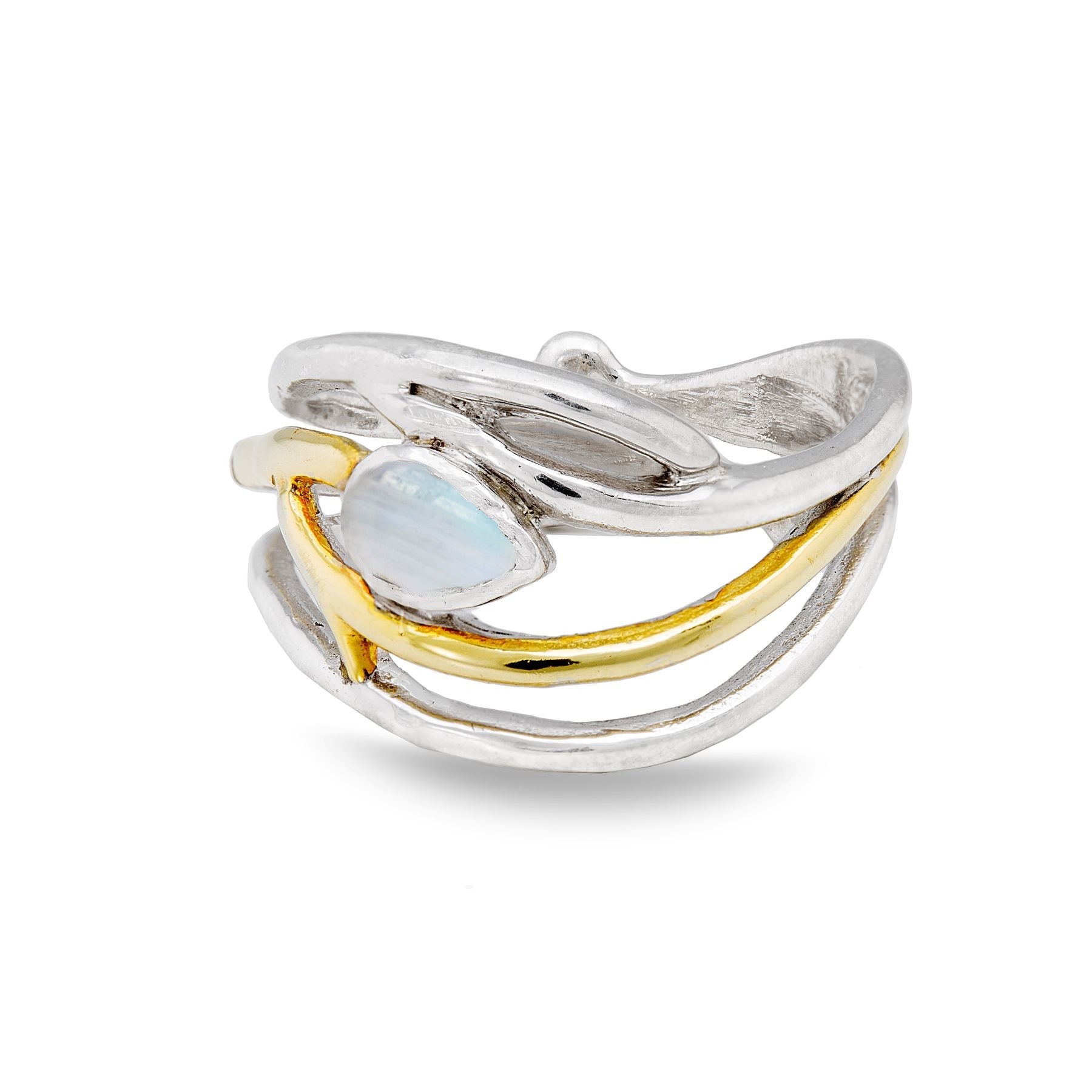 A silver ring with an intricate, wavy design features a small opal stone. The adjustable in silver & gold bands create an elegant, flowing appearance reminiscent of a Peacock Ring in various gemstones. The opal is set in the center, adding a subtle yet ca