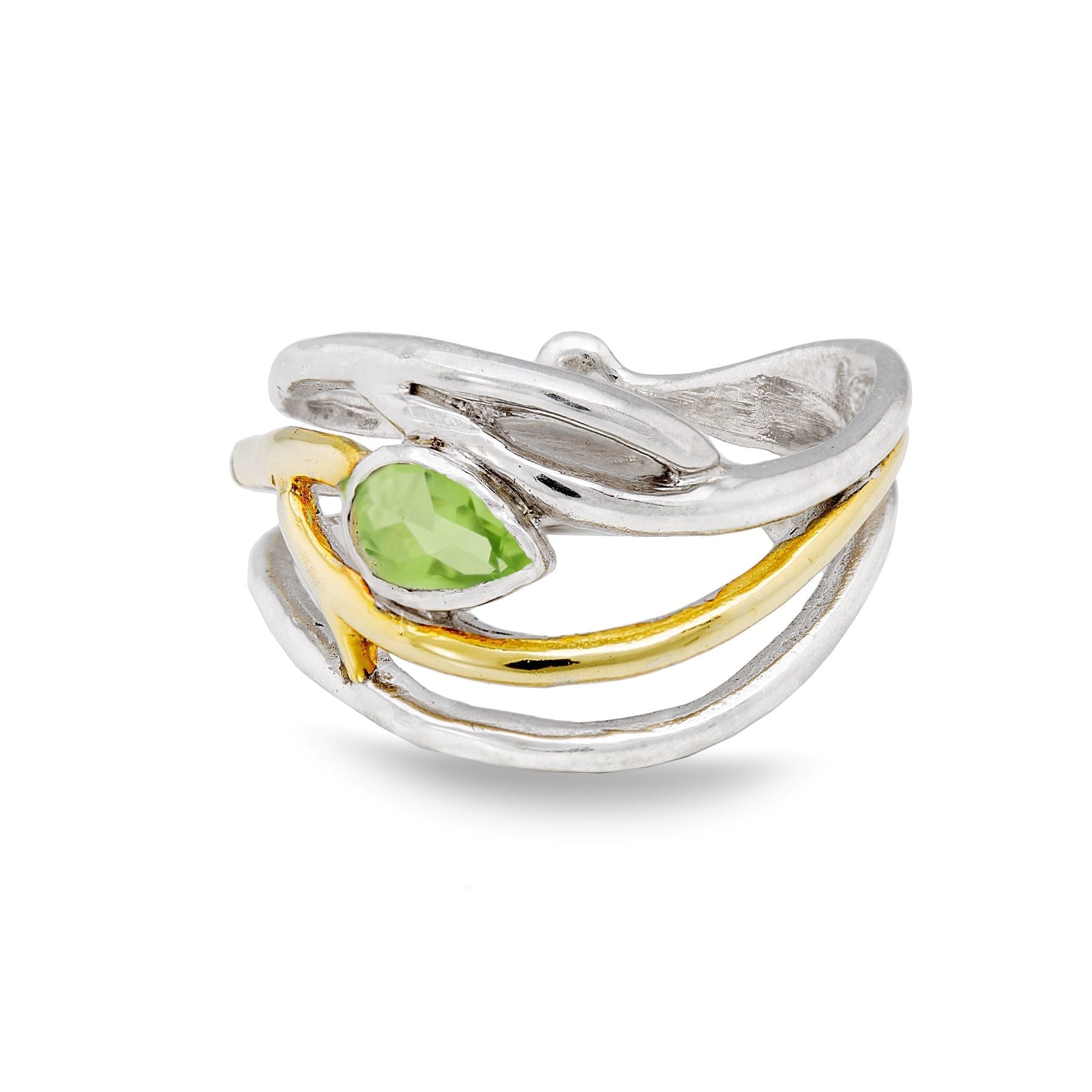 A stylish, twisted silver Gallardo & Blaine Designs Peacock Ring in various gemstones with a small leaf-like design, featuring a central, green, faceted gemstone. The ring is adorned with both polished silver and gold-toned accents, giving it a two-tone, 