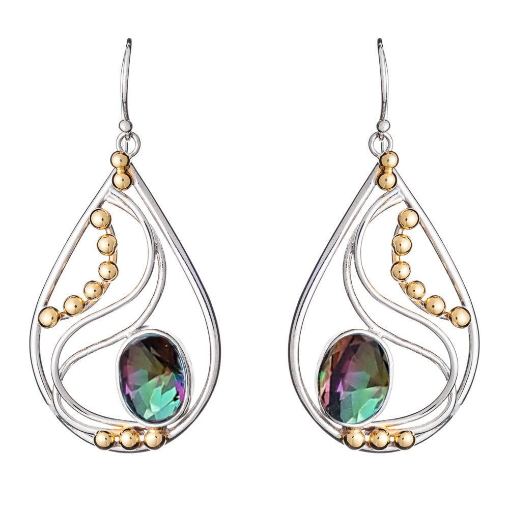 Introducing the Phoenix Earrings in various gemstones by Gallardo & Blaine Designs: a pair of elegant drop earrings featuring an iridescent colorful gemstone at the center. These silver and gold earrings boast a sophisticated wire design with small gold b
