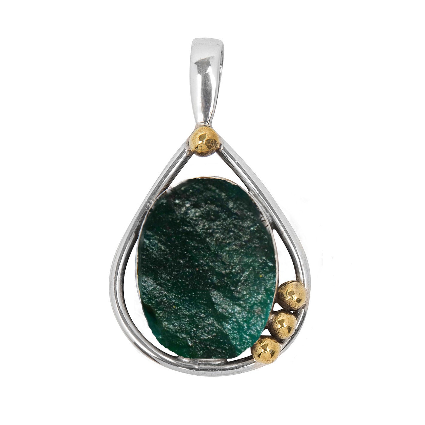 The Poppy Pendant Small in various gemstones by Gallardo & Blaine Designs features a large oval green gemstone set in a teardrop-shaped sterling silver frame. Three small gold-colored beads at the lower right side add a touch of contrast to the design, an