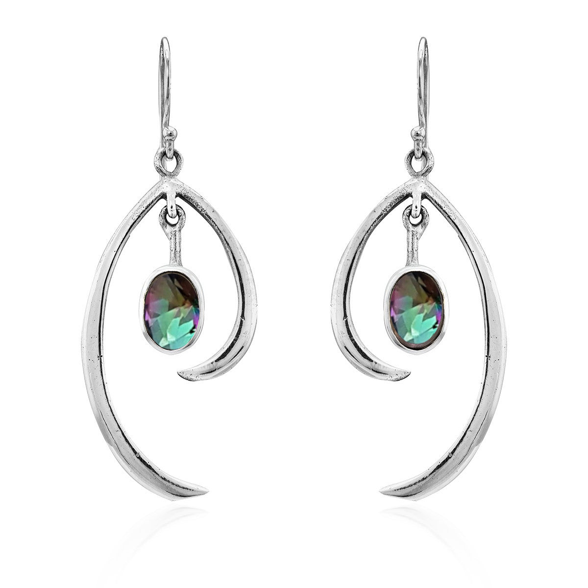 A pair of Gallardo & Blaine Designs Primrose Earrings in various gemstones with teardrop-shaped metal frames and iridescent, oval gemstones in the center. The sterling silver earrings hang from simple hooks, showcasing a blend of silver and multicolored t