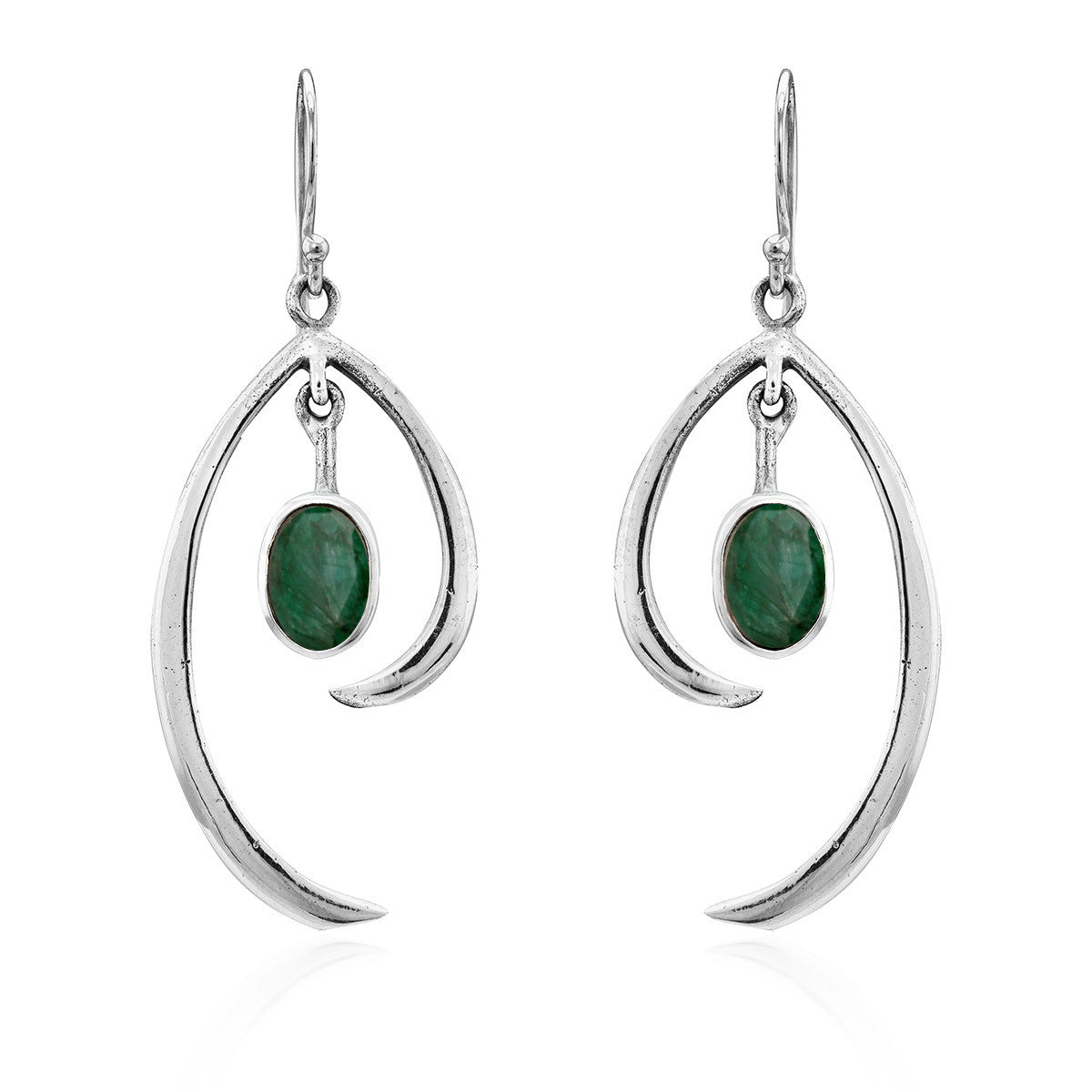 Discover the Primrose Earrings in various gemstones by Gallardo & Blaine Designs, a pair of sterling silver earrings that exude minimalist elegance. These silver drop earrings feature an abstract curved design with an oval green stone hanging in the cente