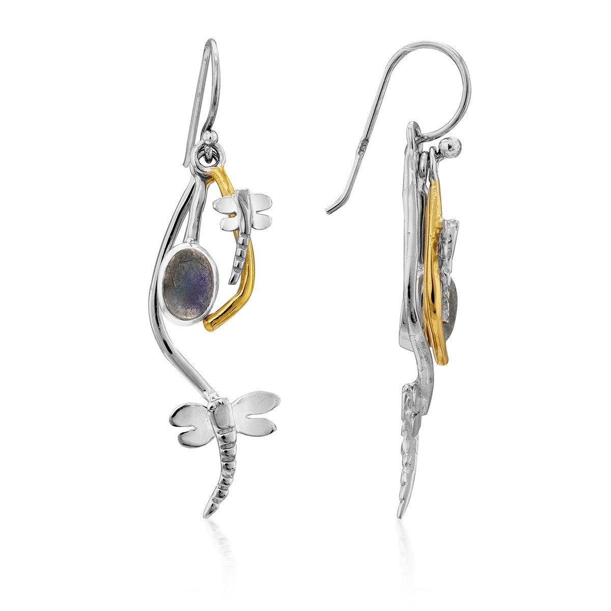 A pair of delicate earrings featuring a silver dragonfly charm, an oval gemstone, and a gold plate accent piece. These Ripple Earrings in various gemstones by Gallardo & Blaine Designs have hook-style closures and combine intricate detailing with a mix of