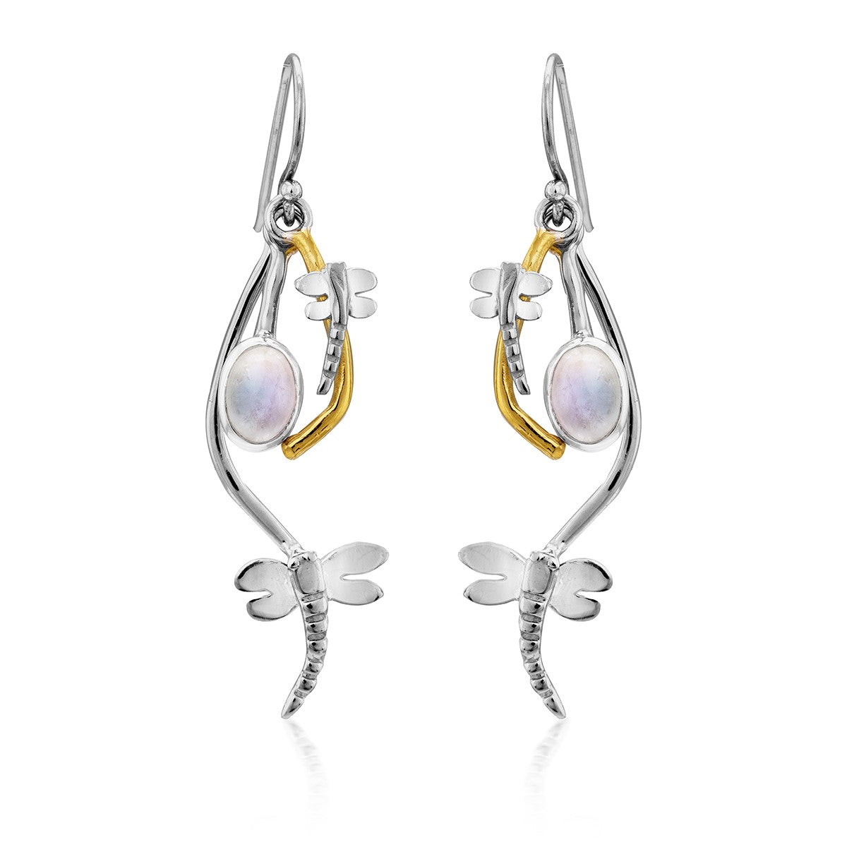 A pair of Ripple Earrings in various gemstones, featuring whimsical dragonfly designs. Each earring is accented with gold plate metal and a single, oval-shaped iridescent gemstone, with the dragonfly's body forming part of the earring's curved structure. 
